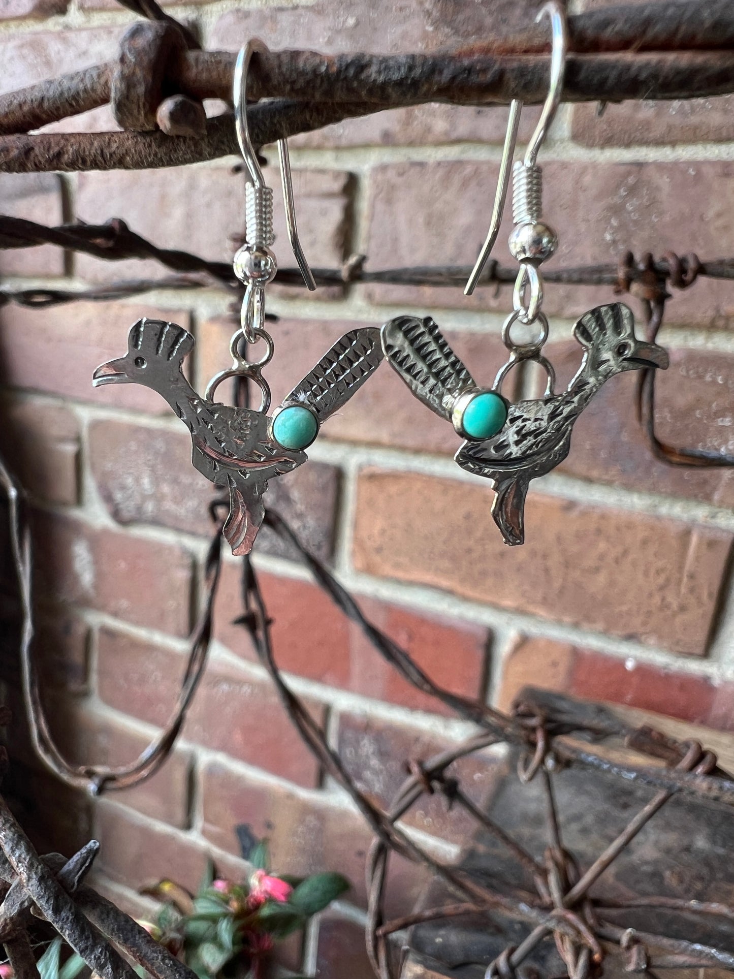 Dainty Handmade by Lucille Platero (Navajo) Turquoise & Sterling Silver Roadrunner Earrings 1.25” Length