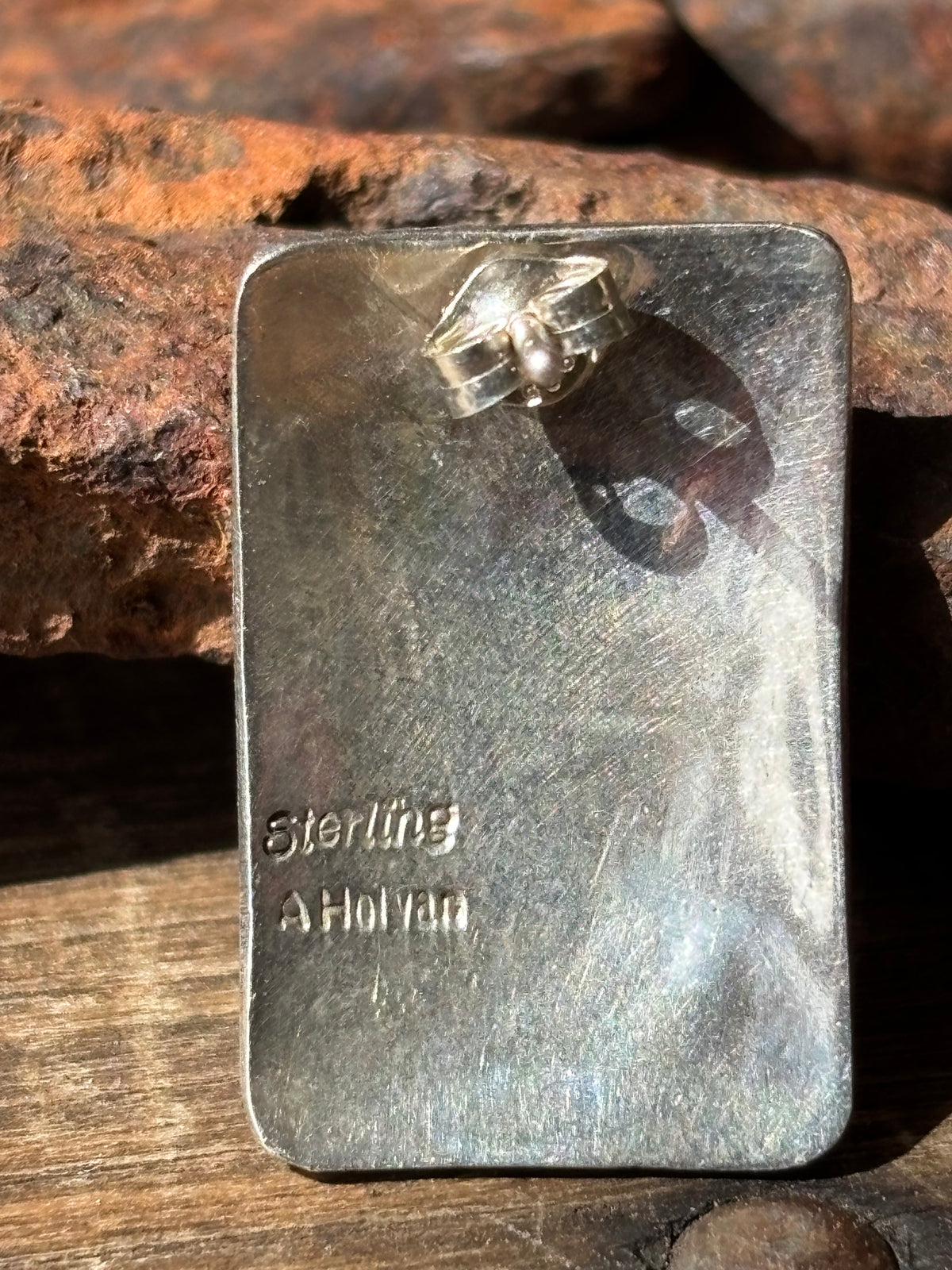 Vintage Native American by A. Holman. Sterling Silver Overlay Design Rectangle Post Earrings