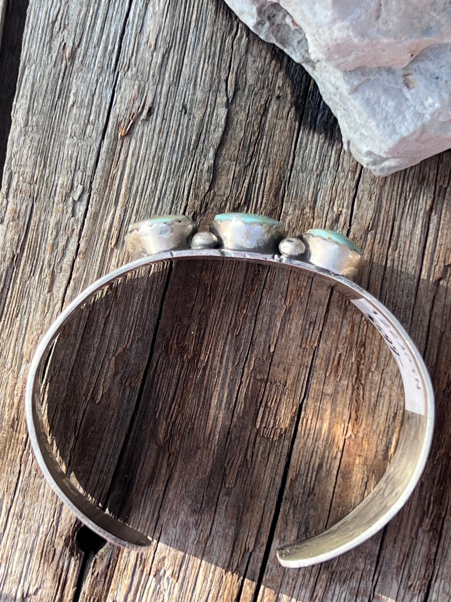 Navajo Handmade by La Rose Ganadonegro- Sterling & 3-stone RARE Dry Creek Turquoise Cuff Bracelet Sz 6.75, 7/8” wide