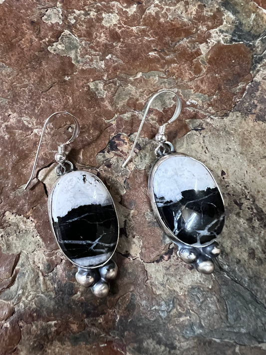Native American Handmade by Miranda Willie. White Buffalo & Sterling Dangle Earrings 1.9” long