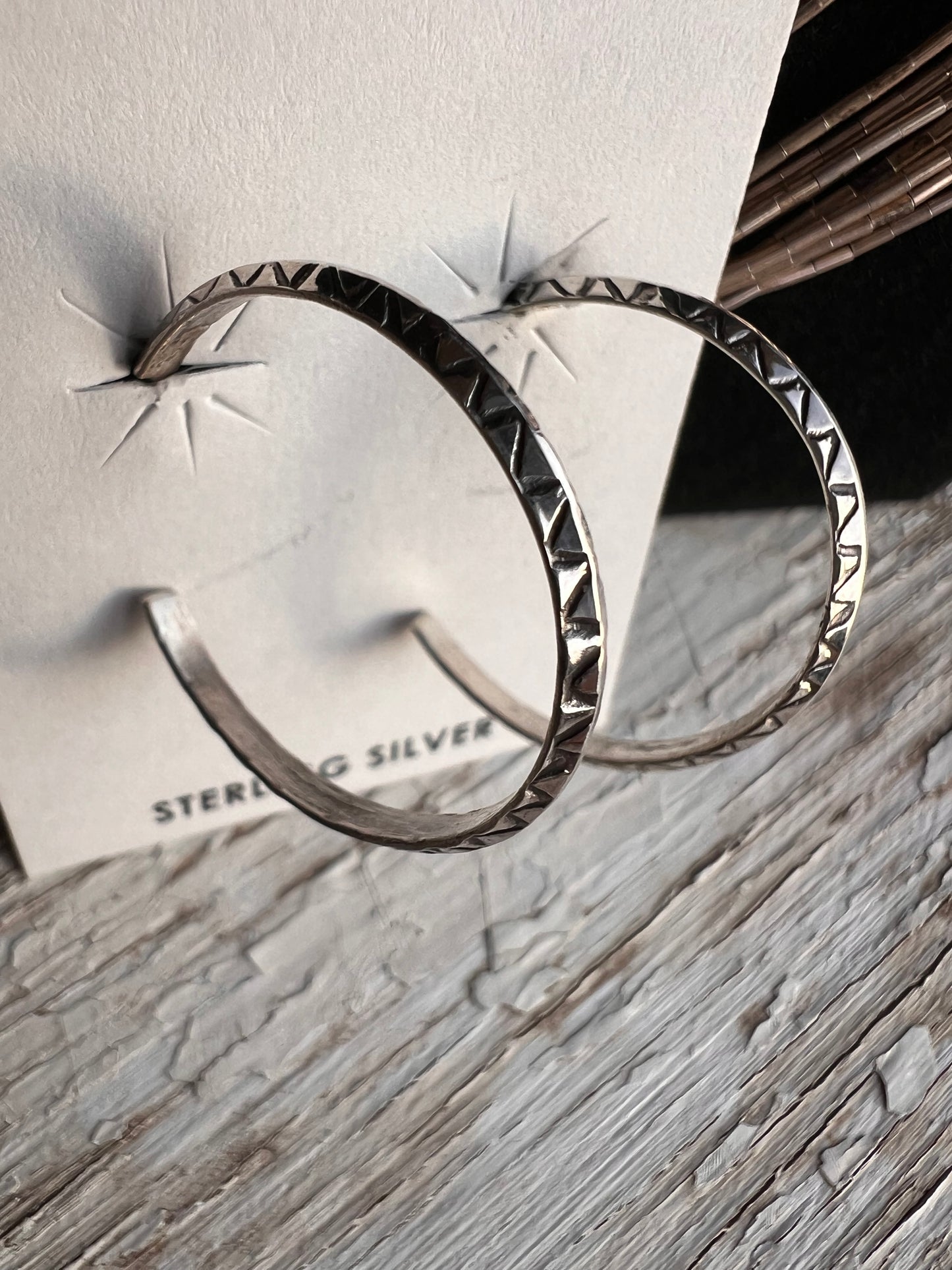 Navajo Handmade by Elaine Tahe Post Sterling Silver Carinated Stamped Hoops 1”