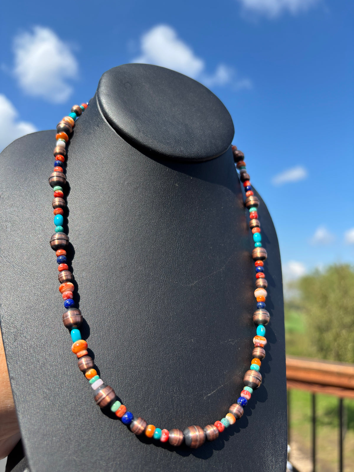 Copper, Turquoise, Lapis, Red Spiny & Orange Spiny Necklace 18-20”