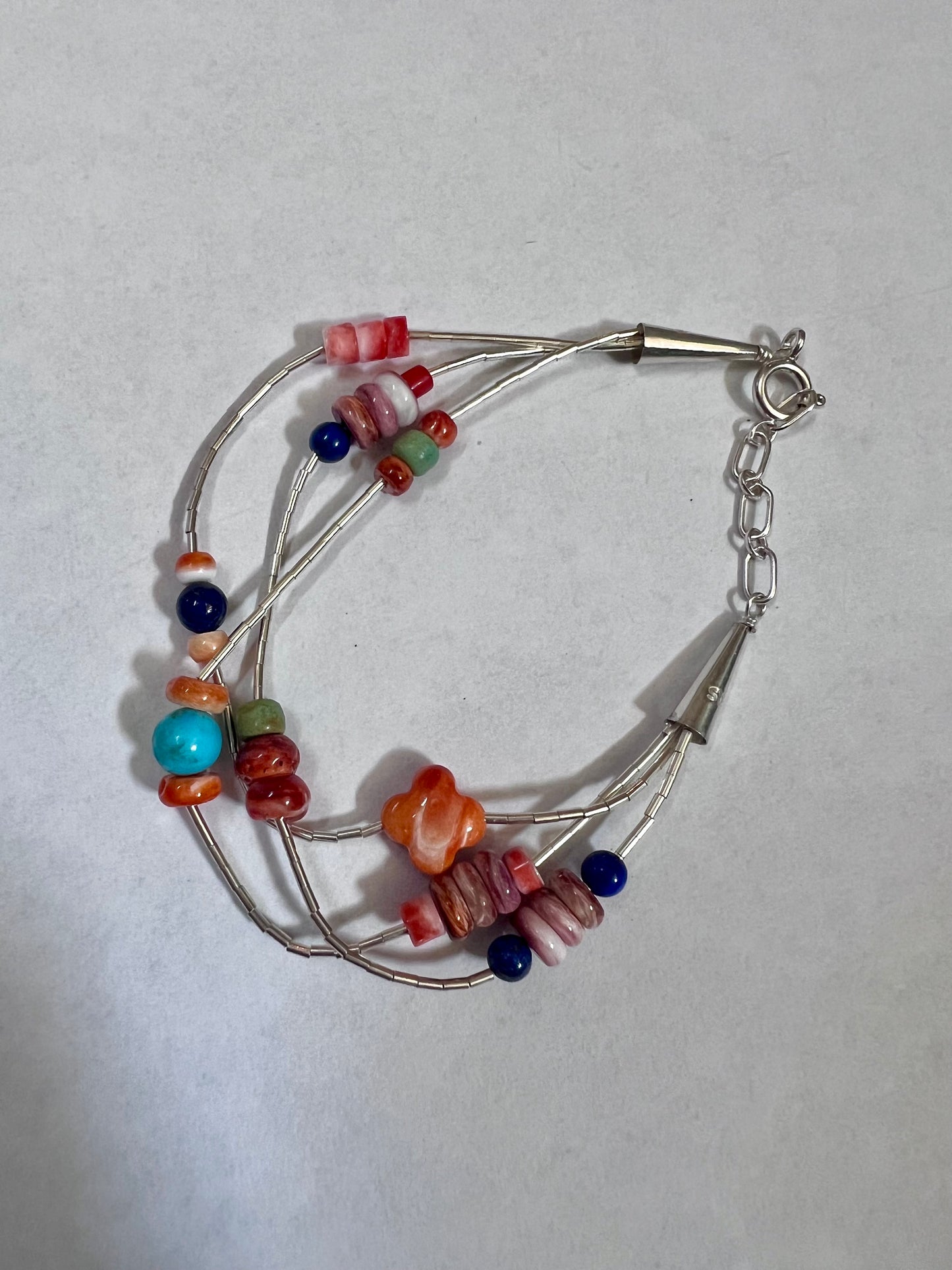 Southwest Handmade Liquid Sterling Silver, Spiney, Lapis, Red Coral & Turquoise Beaded Bracelet 7.5”