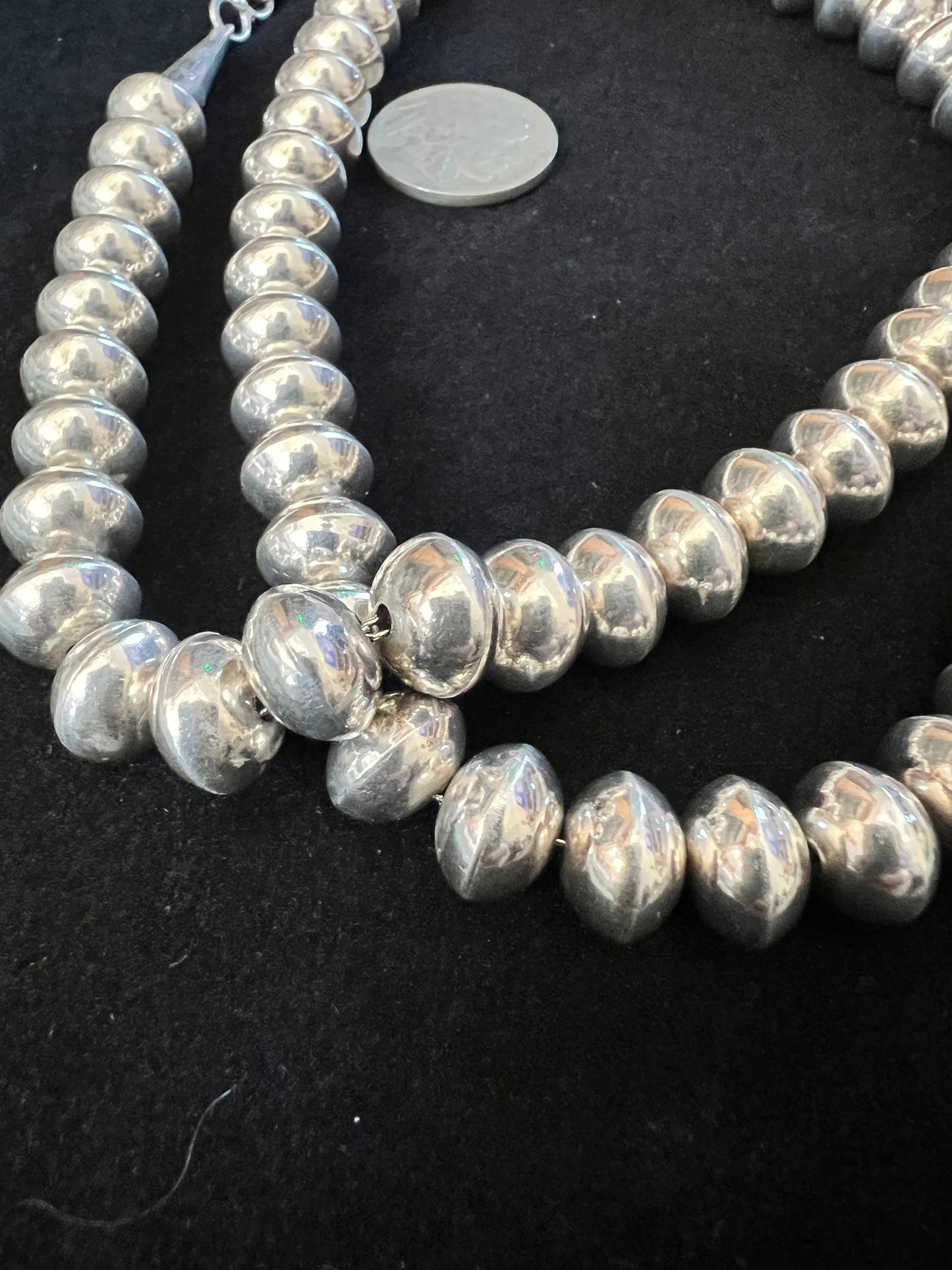 Vintage Handmade High-shine Navajo Pearls Sterling Silver 10.5mm Saucer Bead Necklace 27.5”