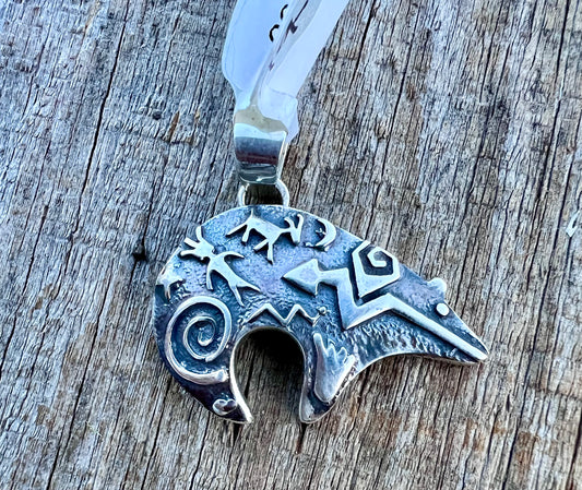 Native American Handmade Sterling Bear Petroglyph Pendant 1.25”x1.25”