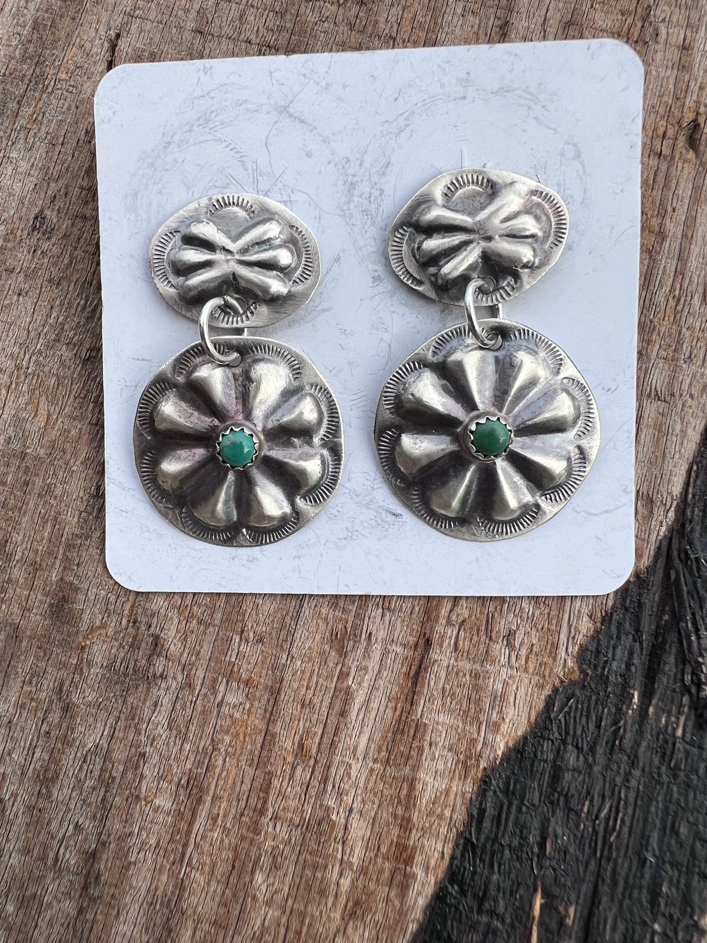 Native Navajo Handmade Sterling & Green Turquoise Concho Dangle Post Earrings 1.75”