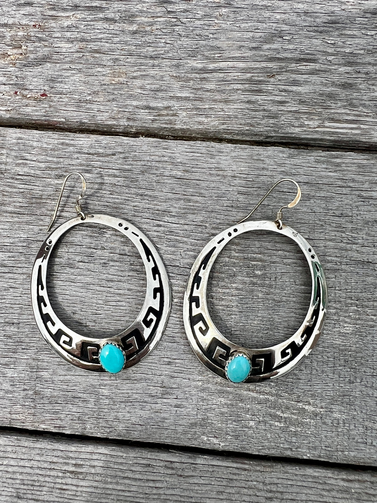 Vintage Navajo Handmade by TR Singer- Sterling & Turquoise Overlay Hoop Dangle Earrings 2”x1.4”