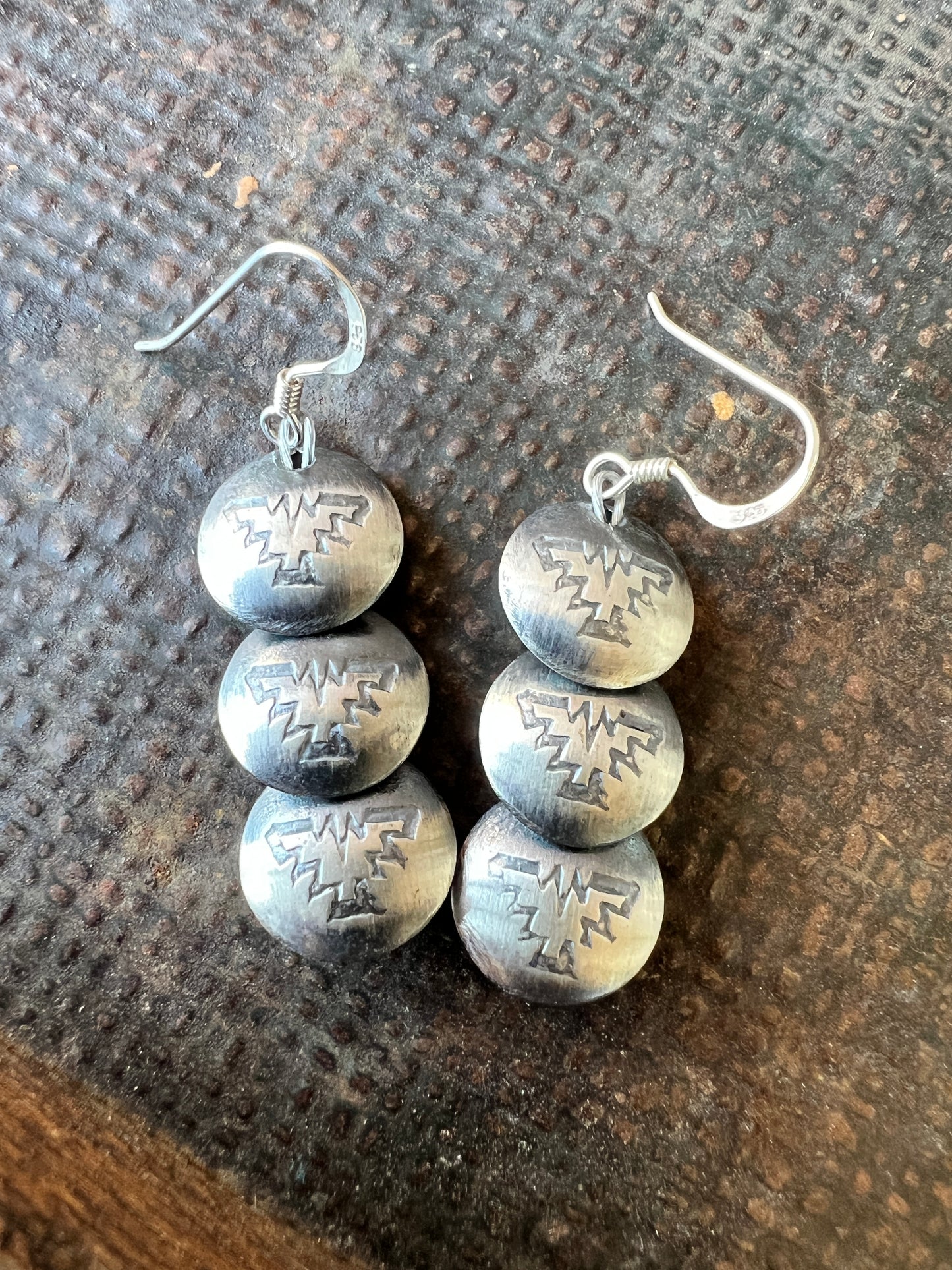Navajo Handmade by Marietta Kelllywood - Sterling Silver Thunderbird Stamped Pillow Pearl Earrings 1.75”