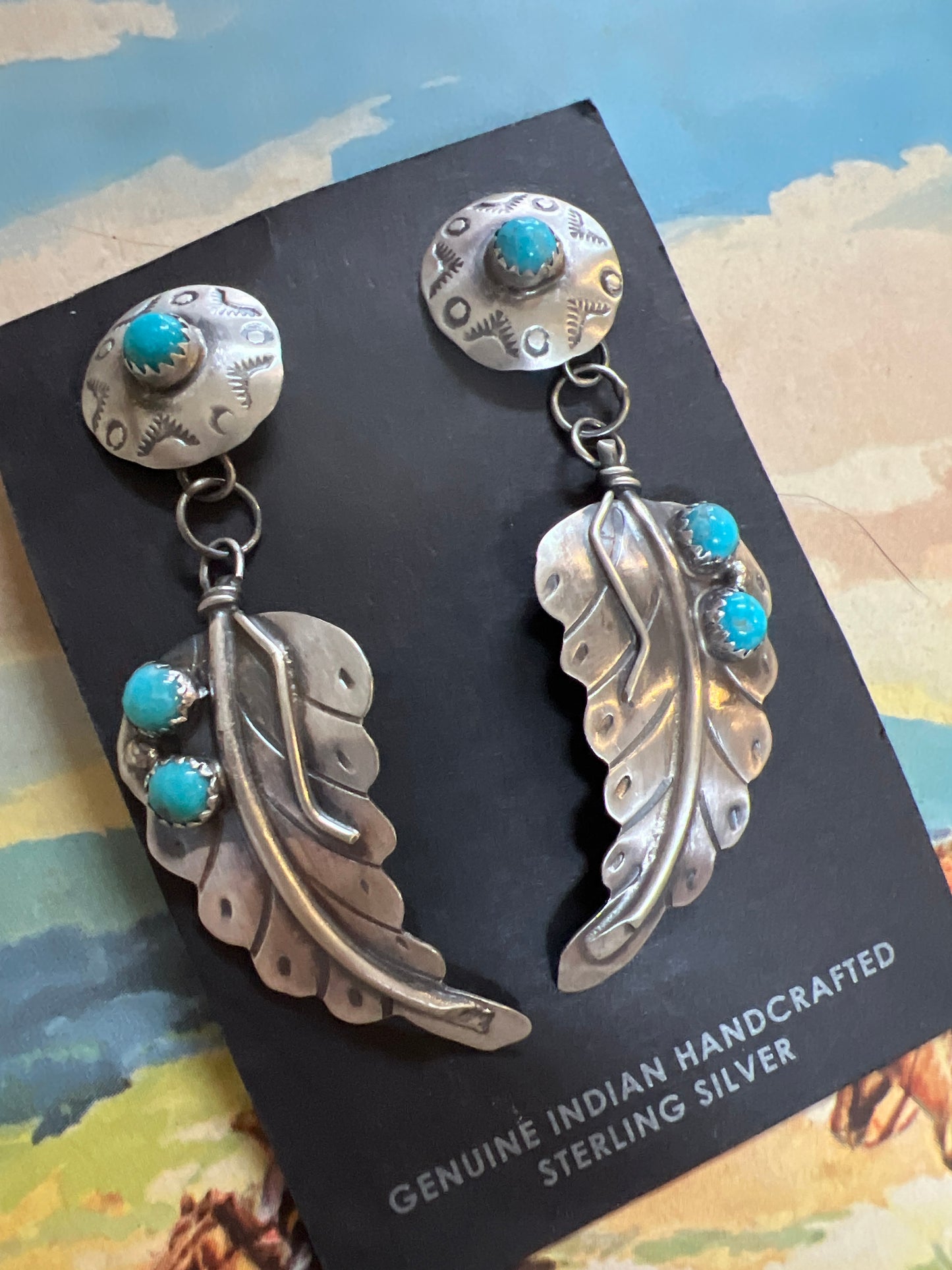 Navajo Handmade by Gabrielle Yazzie. Sterling Feather Turquoise Concho Post Dangle Earrings
