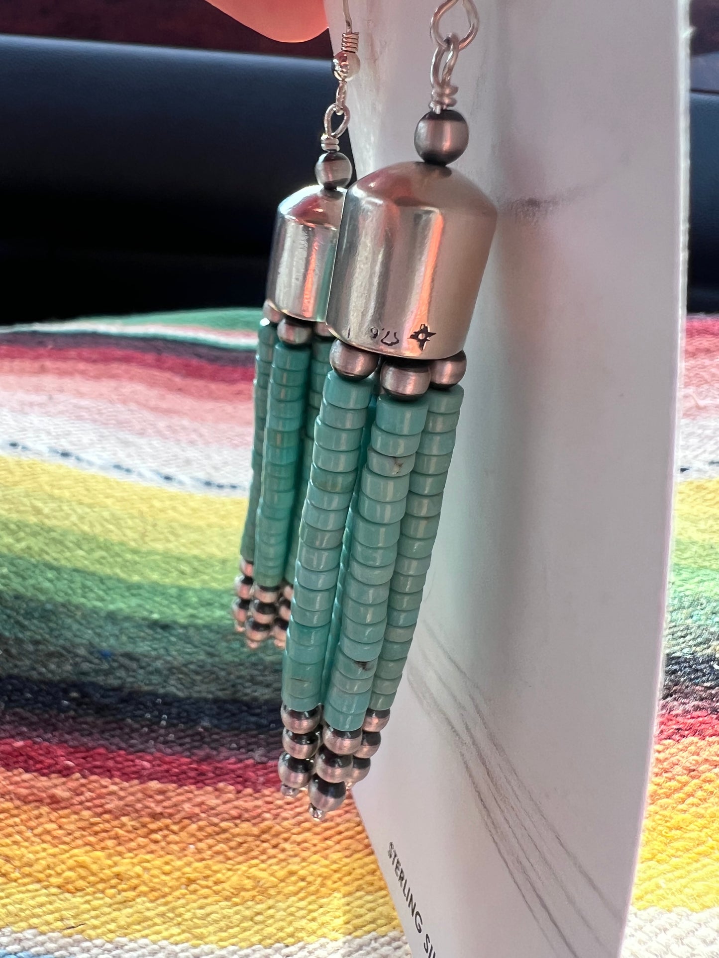 Southwest Handmade Sterling & Campitos Turquoise Tassel Dangle Earrings 3.5”