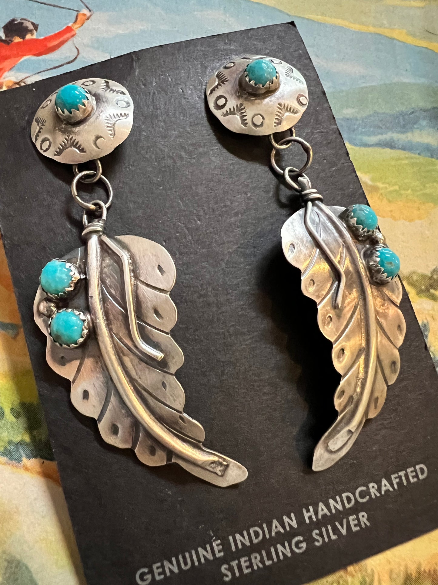 Navajo Handmade by Gabrielle Yazzie. Sterling Feather Turquoise Concho Post Dangle Earrings