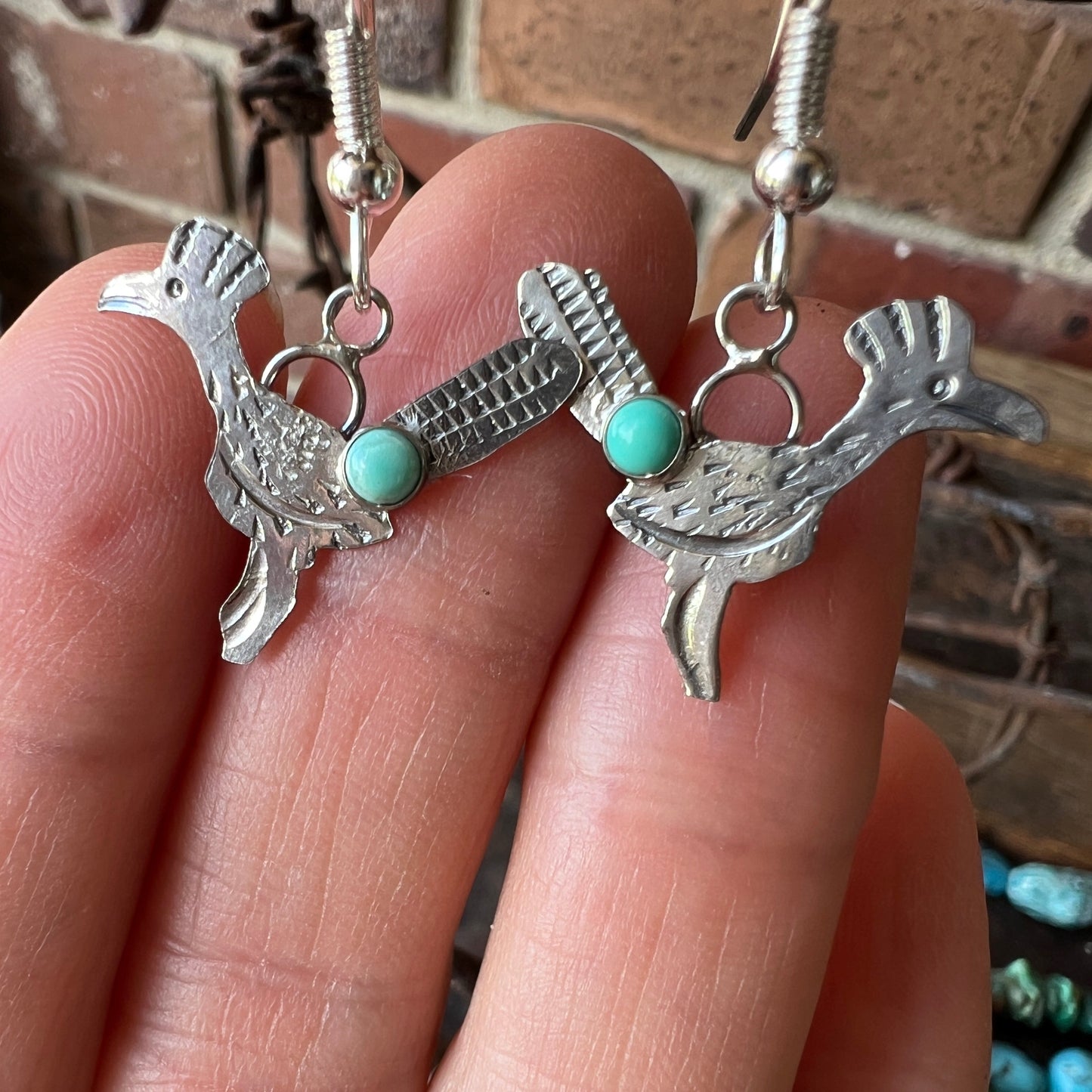 Dainty Handmade by Lucille Platero (Navajo) Turquoise & Sterling Silver Roadrunner Earrings 1.25” Length