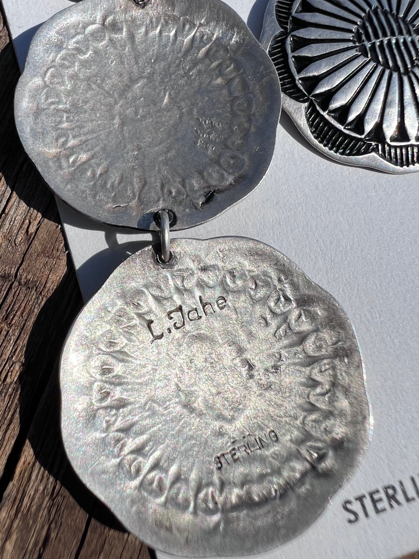 Native American Handmade by Leander Tahe Sterling Stamped 3-Concho(1 1/8”)Post Dangle Earrings 3.5”