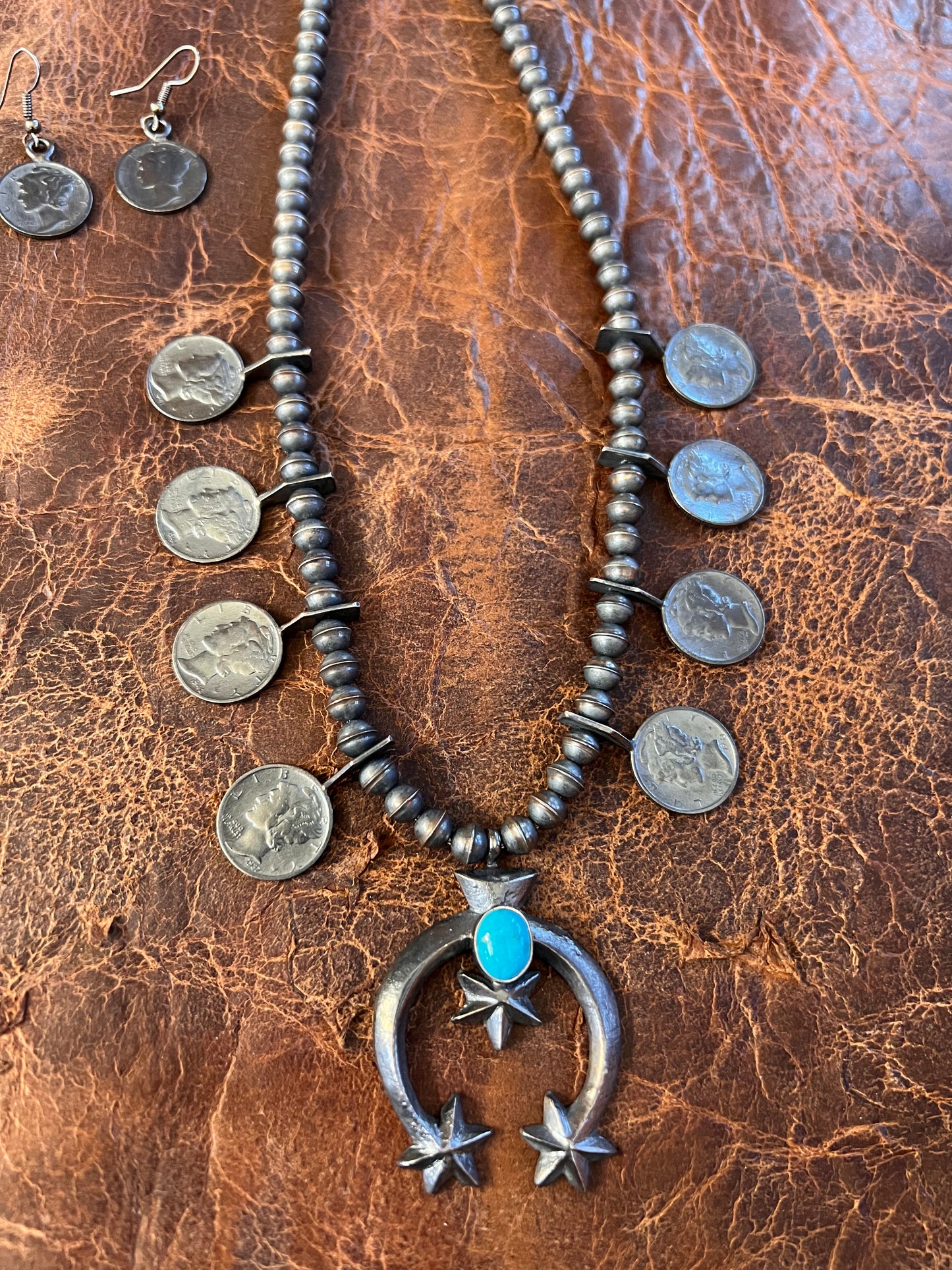 Navajo Handmade by Mekechto Jim. Mercury Dime Squash Necklace Cast Naja with Kingman Turquoise and Earrings Set