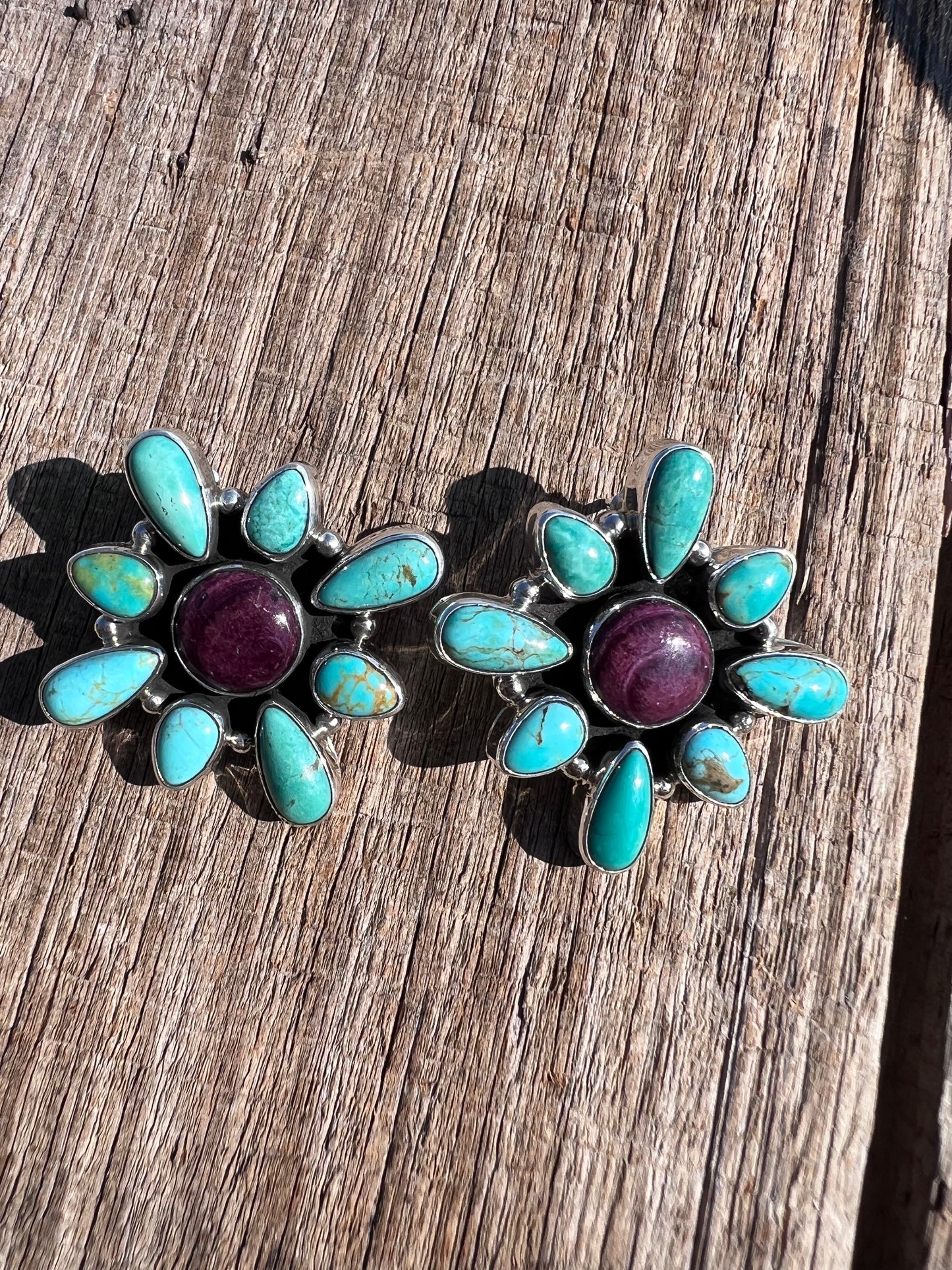 Native Handmade Sterling, Campitos Turquoise & Purple Spiney Purple Post Earrings 1.5”