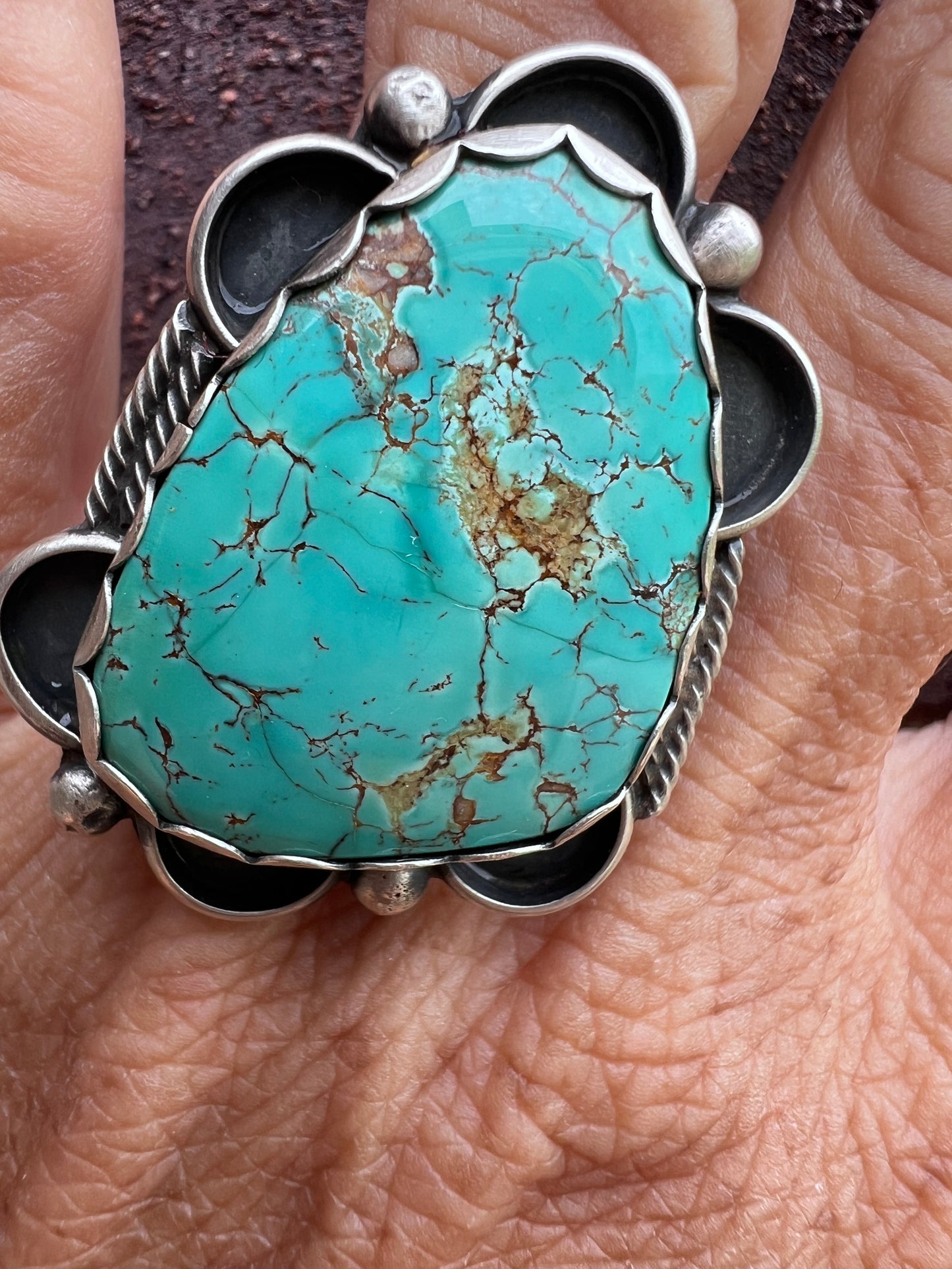 Native American Handmade by Miranda Willie. Sterling & Royston Turquoise Ring Sz Adjustable