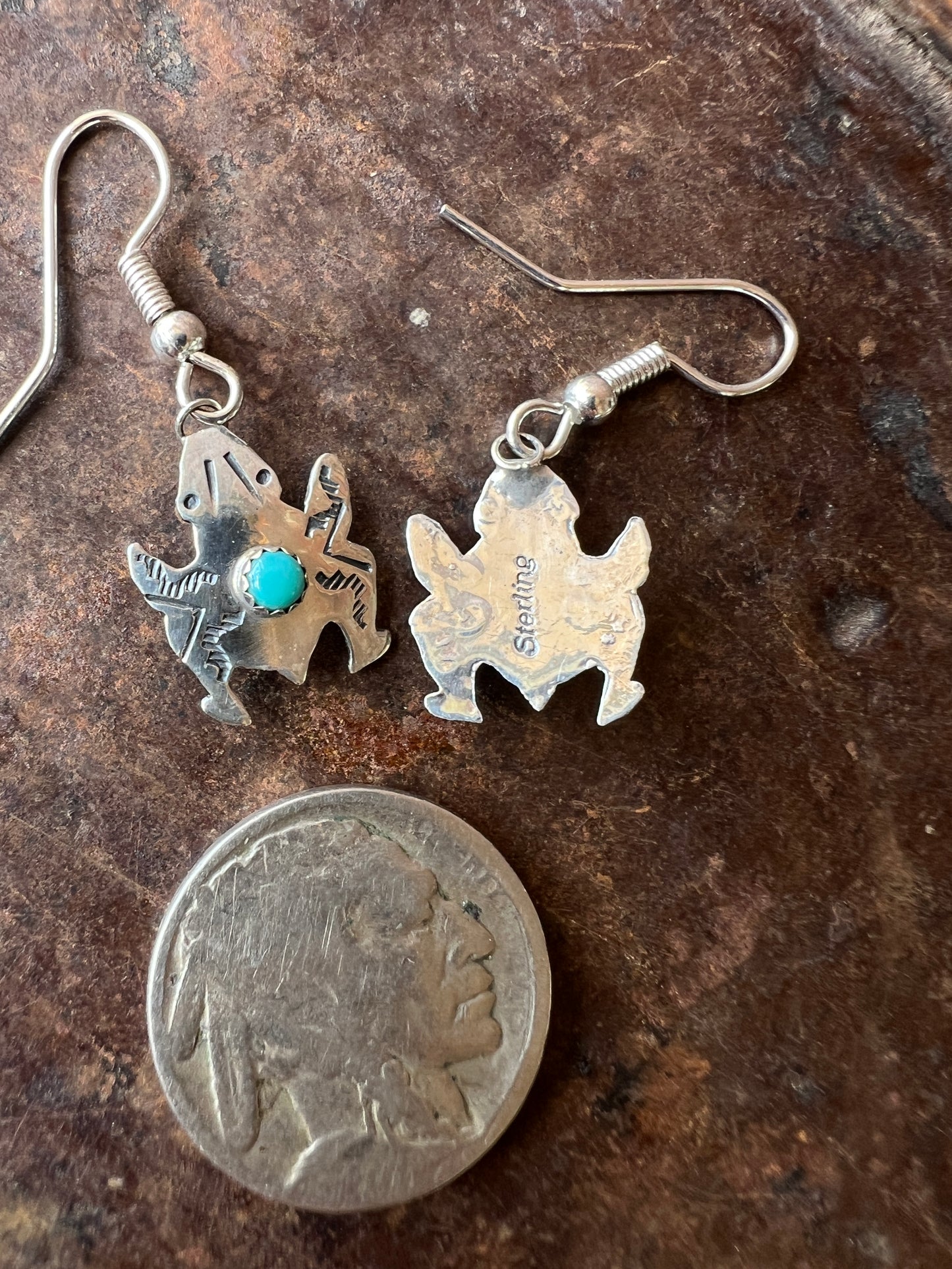 Dainty Handmade by Lucille Platero (Navajo) Sterling & Turquoise Frog Earrings 1.3” long
