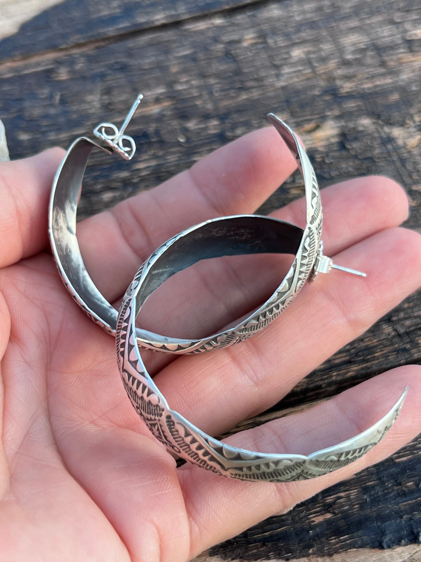 Native American Handmade by Vincent Platero- Large Sterling Stamped Hoop Post Earrings 2”