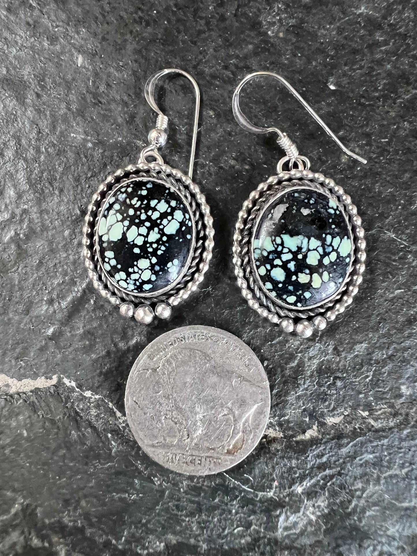 Native American Handmade by Dustin Calvin. Sterling & New Lander Variscite Dangle Earrings 1.7” long