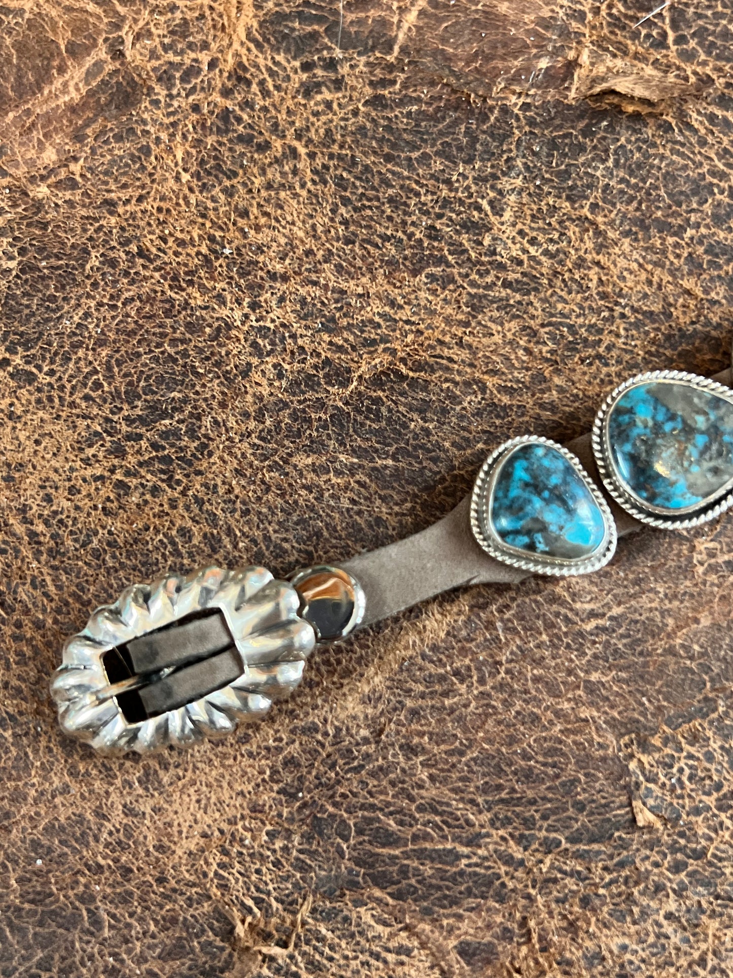 Handmade Sterling, Turquoise on Leather Bracelet Sz 6.5-9”