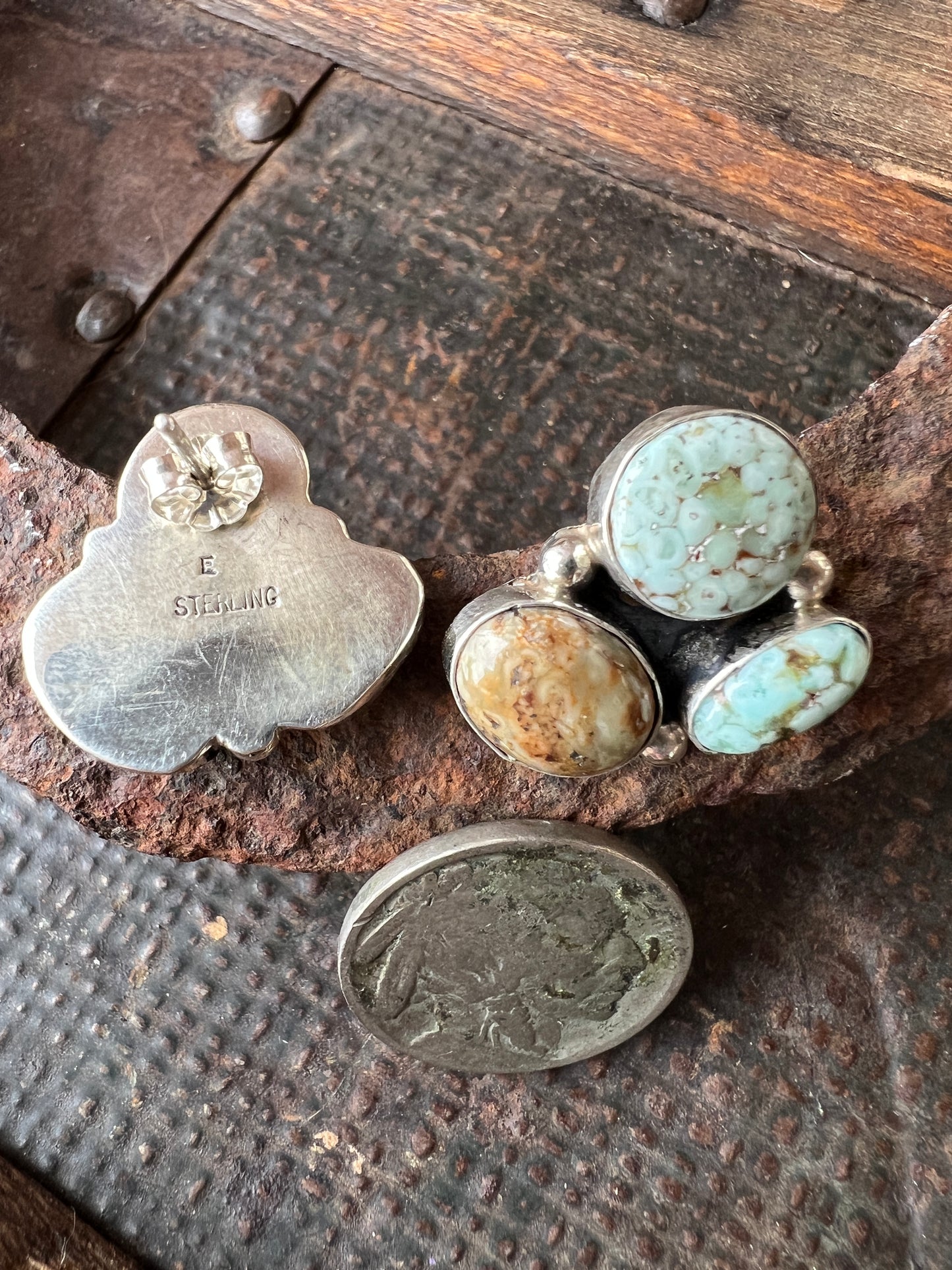 Navajo Handmade by Randall Endito *Dry Creek Turquoise & Sterling Cluster Post Earrings