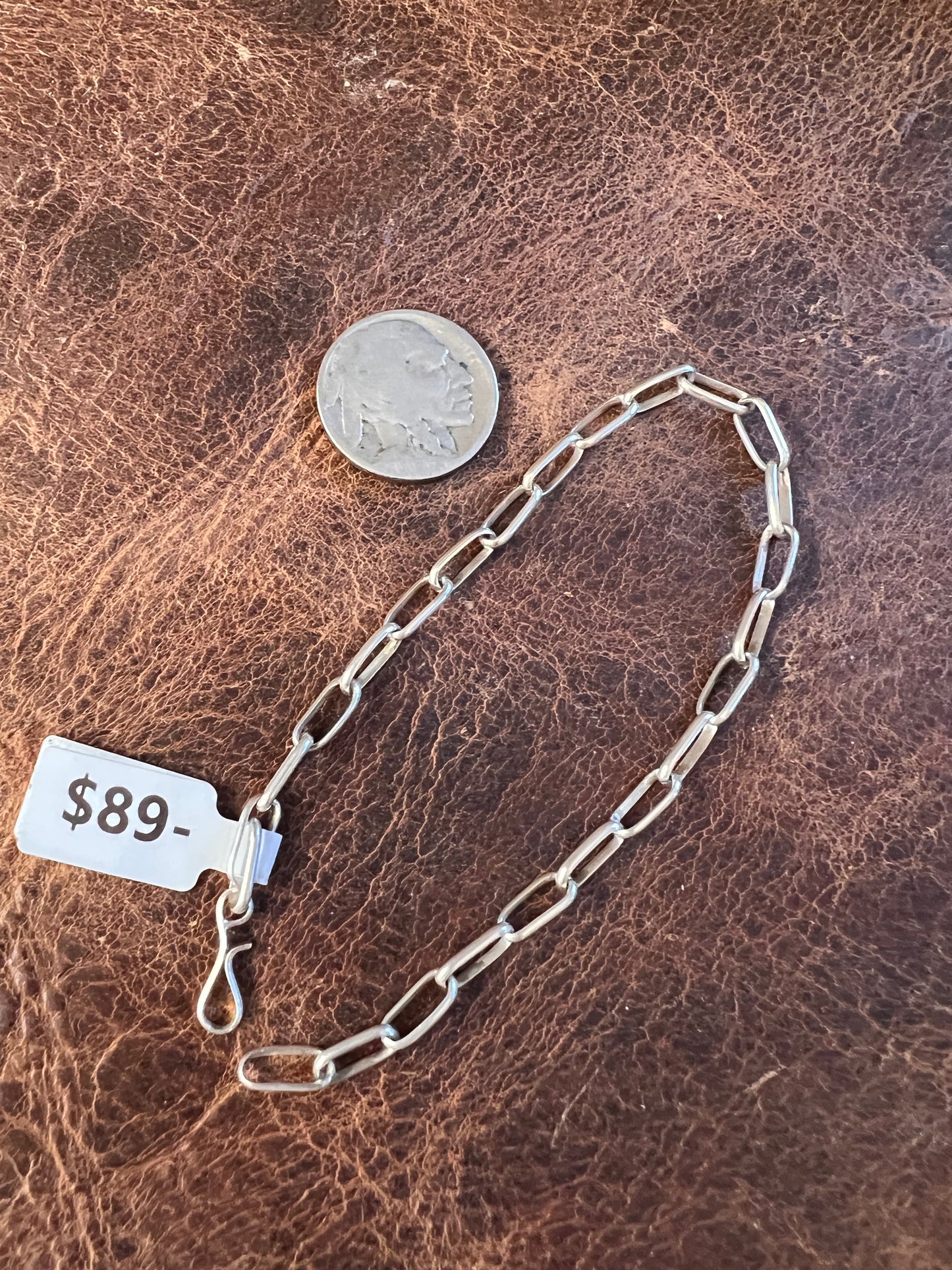 Navajo Handmade Sterling Silver Satin Finish Paperclip Chain Bracelet 8”