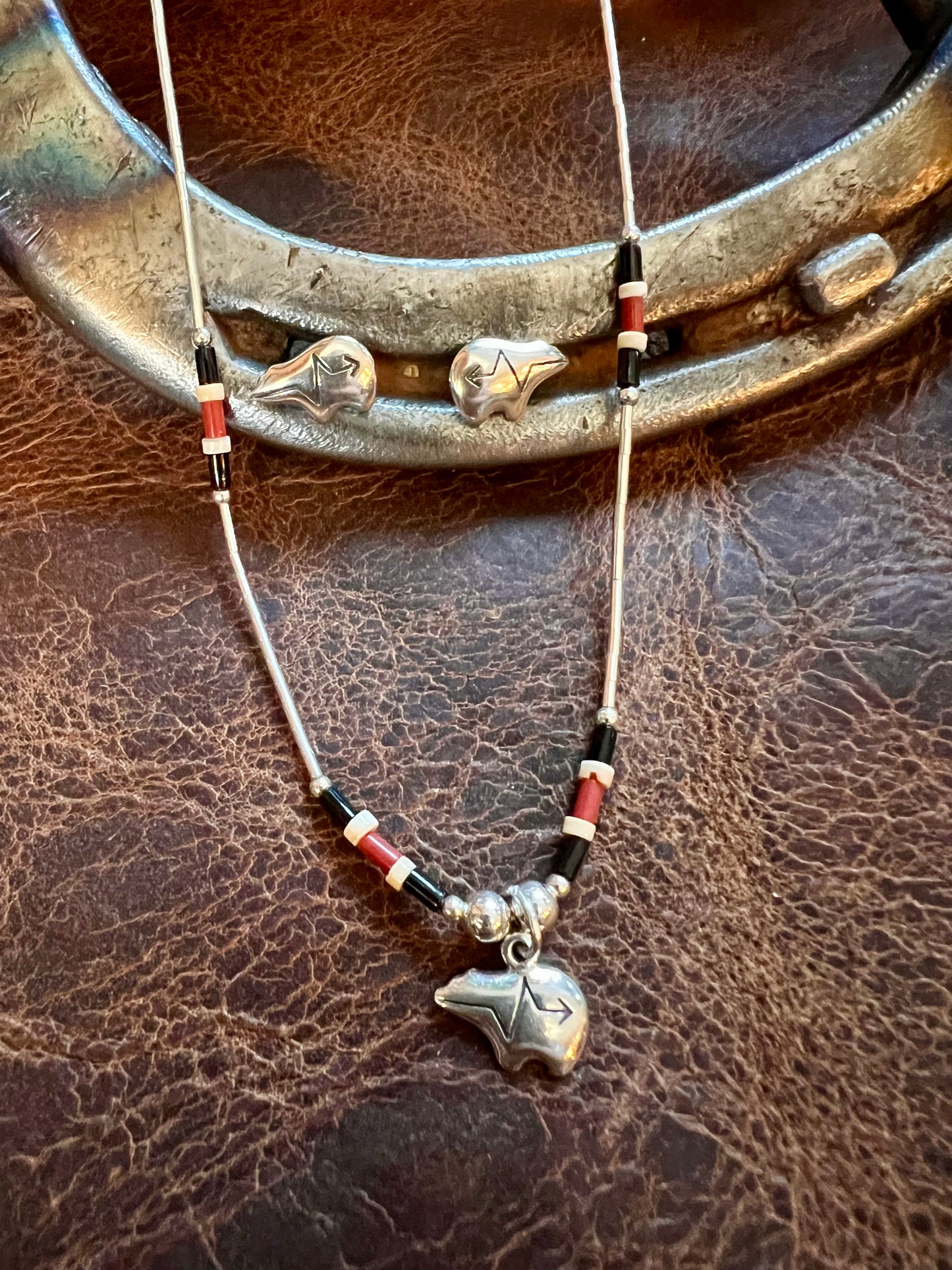 Sterling Silver, Black Jet and Coral Bear Liquid Silver Necklace 16” & Post Earrings Set