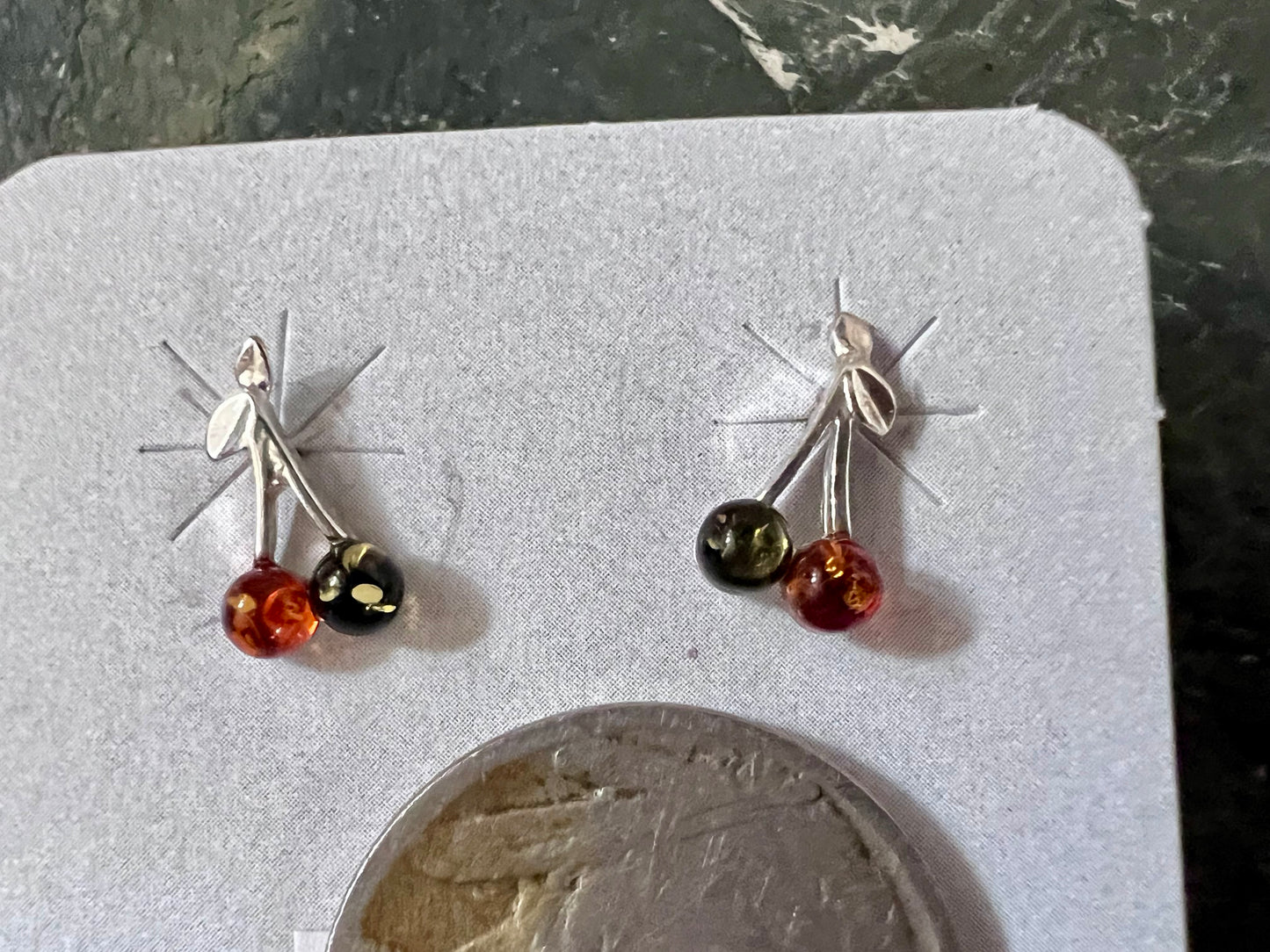 Dainty Sterling Silver & Amber Cherry Post Earrings 1/2”