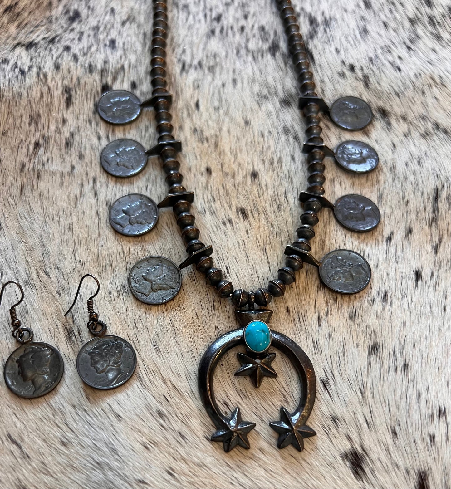 Navajo Handmade by Mekechto Jim. Mercury Dime Squash Necklace Cast Naja with Kingman Turquoise and Earrings Set