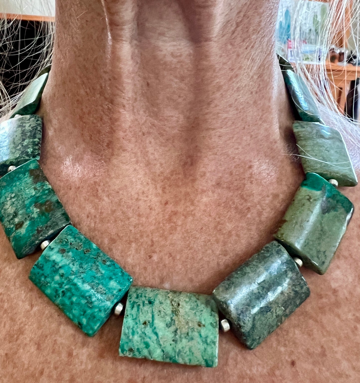 Chunky Southwest Handmade Turquoise Flat Rectangle Bead & Sterling bead Necklace 18”-20”
