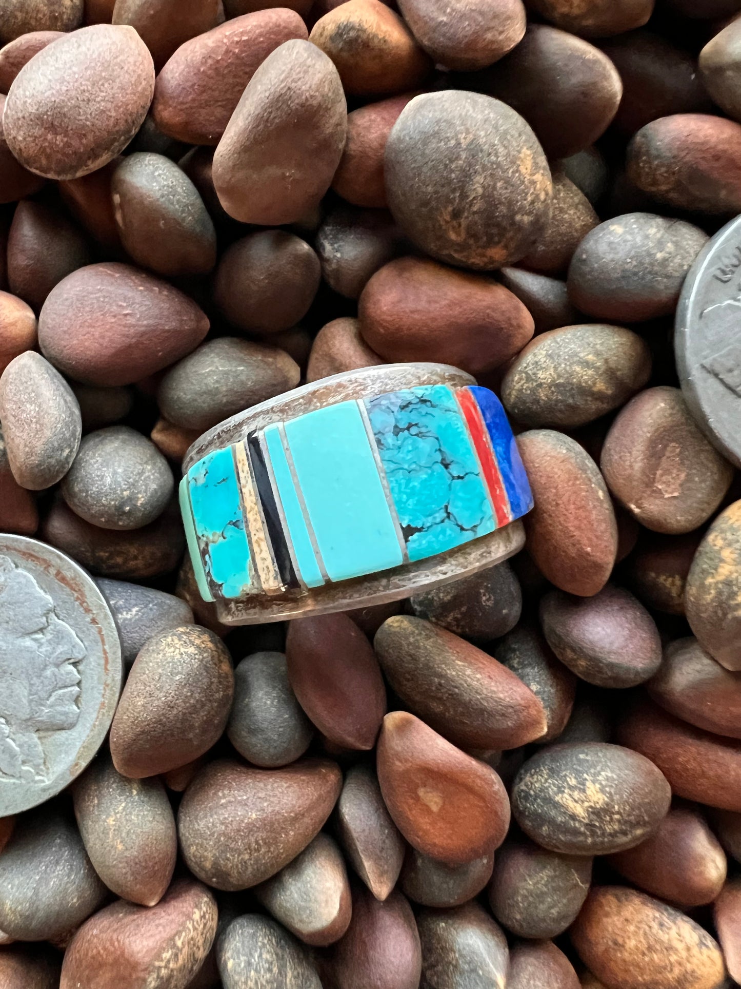 Vintage Navajo Handmade Men’s Inlay Ring - Lapis, Coral, Turquoise, Onyx, Jasper & Sterling Silver Sz 10