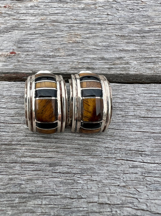 Vintage Zuni Multi-stone Inlay Half-hoop Post Earrings