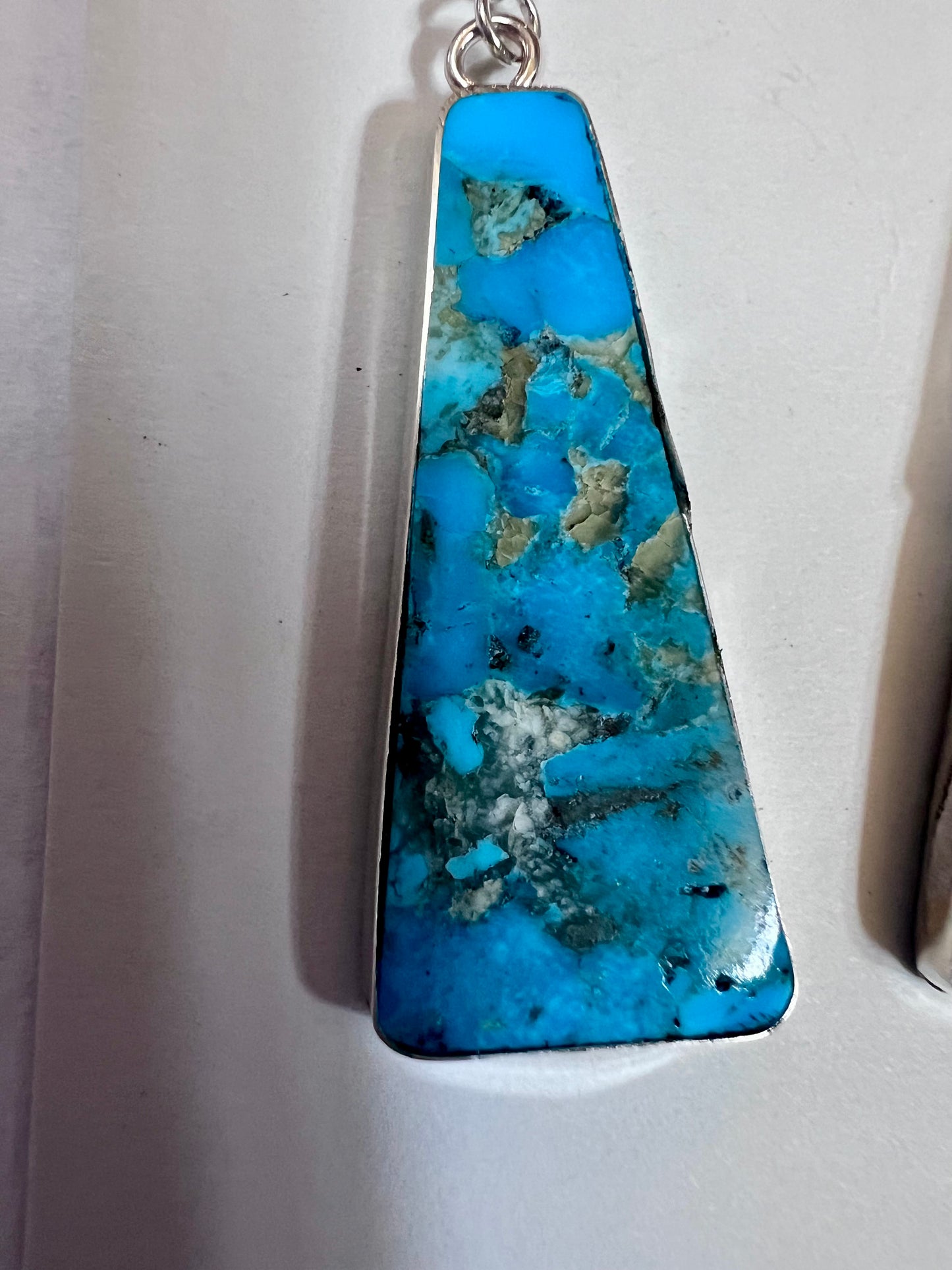 Native American Handmade by Veronica Tortalita- Sterling & Kingman Turquoise Slab Dangle Earrings 2.2”