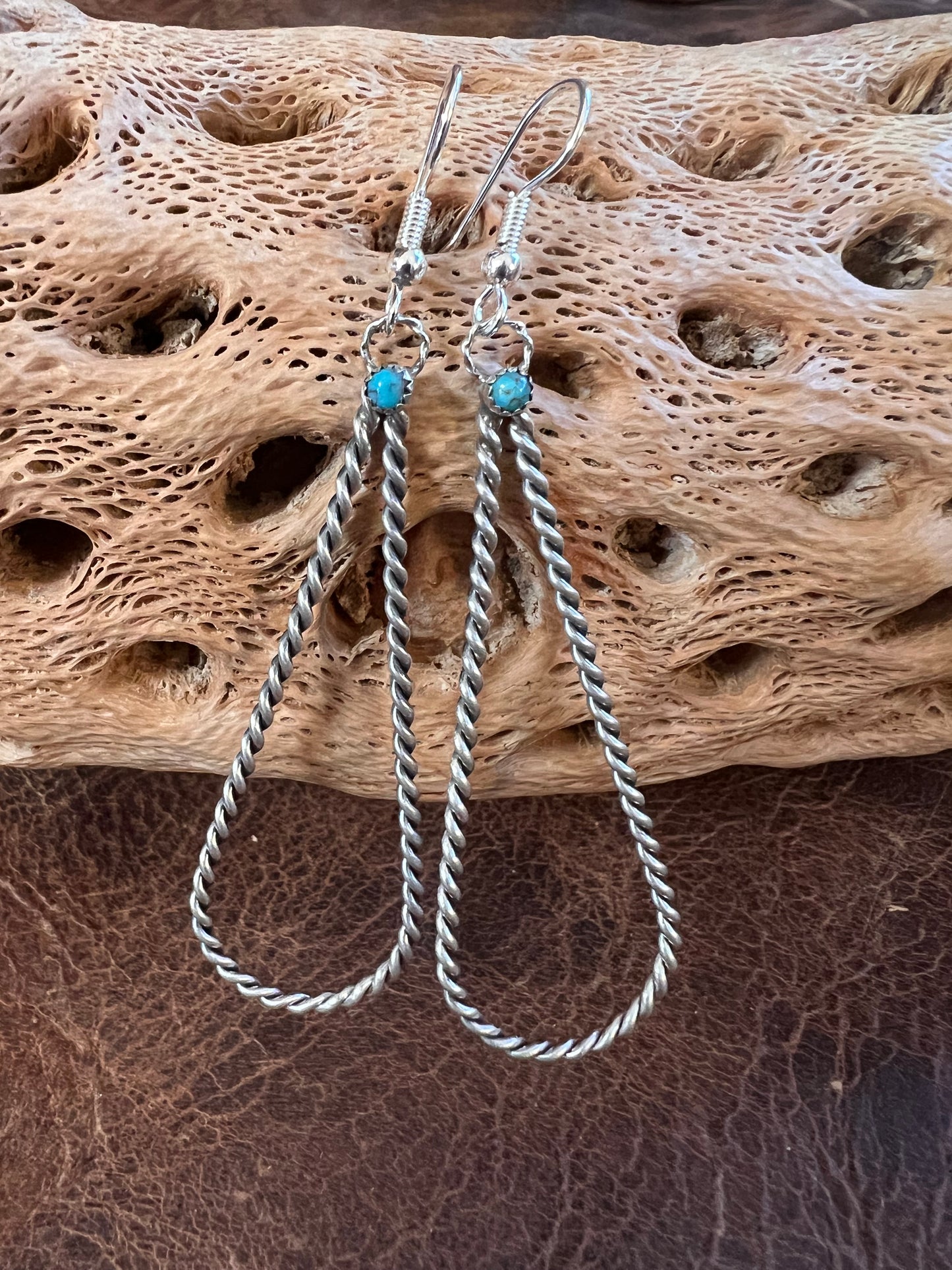 Navajo Handmade Sterling Silver Twisted Wire with Turquoise Dangle Earrings 3”