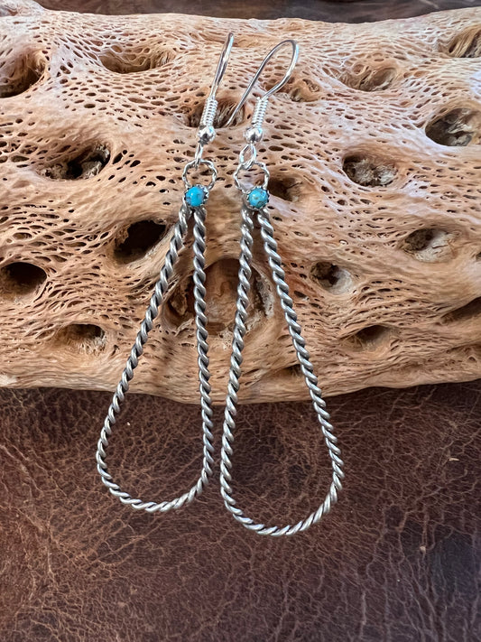 Navajo Handmade Sterling Silver Twisted Wire with Turquoise Dangle Earrings 3”
