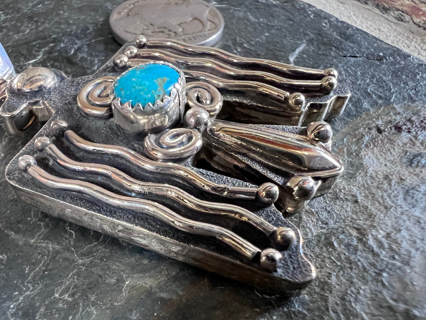 Native American Handmade Sterling Silver 2-tone & Turquoise Thunderbird Pendant 2.75”x 1.25”