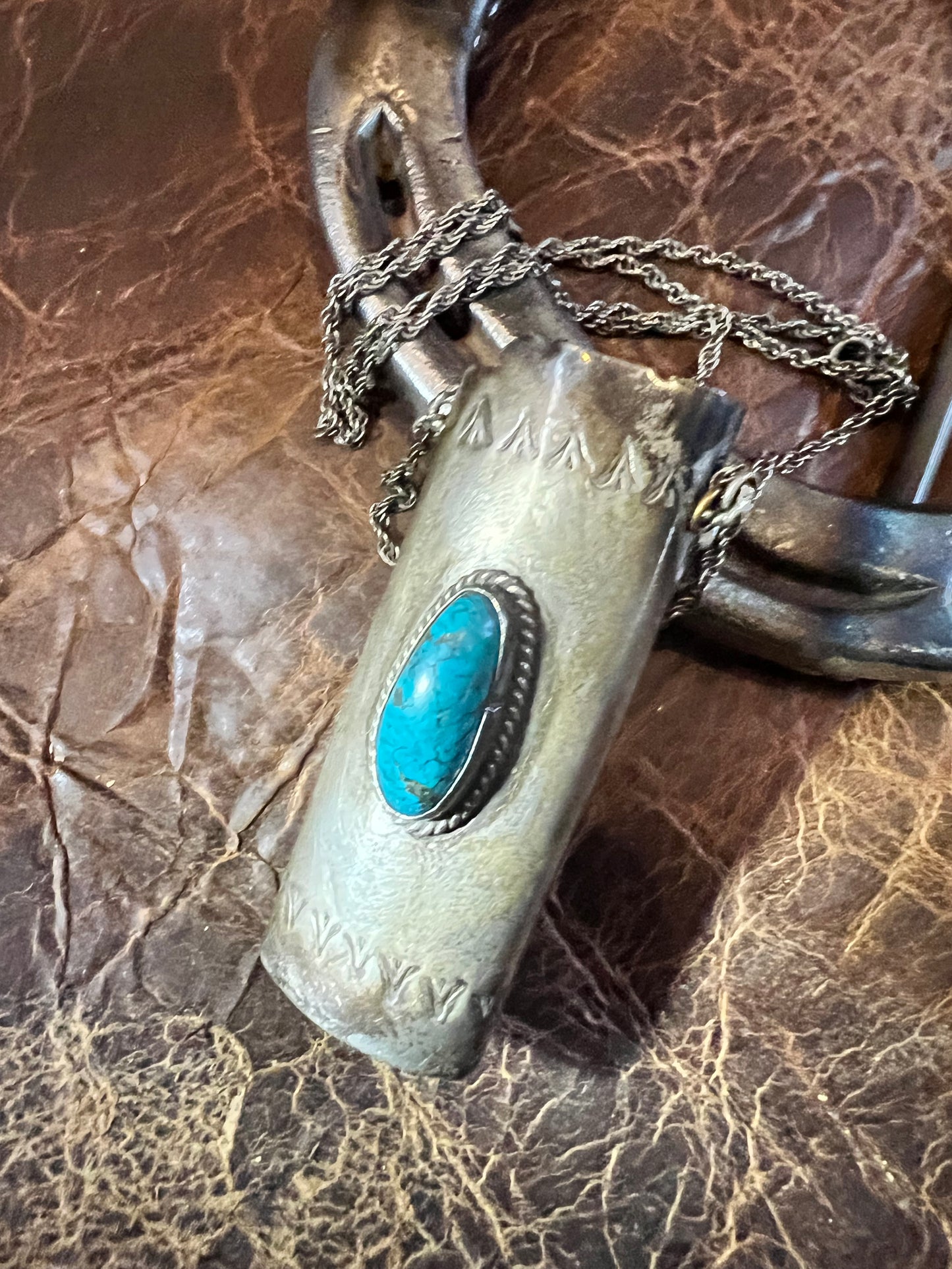 Vintage Navajo Handmade Sterling Silver & Turquoise Bic Lighter Case Chain Necklace 24”
