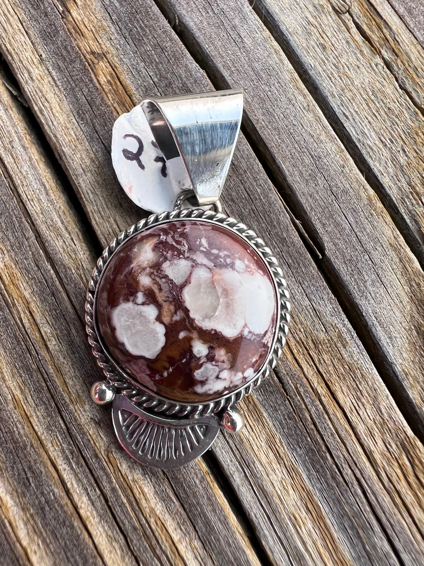 Native American Handmade by C. Wylie. Sterling & Wildhorse Round Pendant 1.5” x .7” w/bail