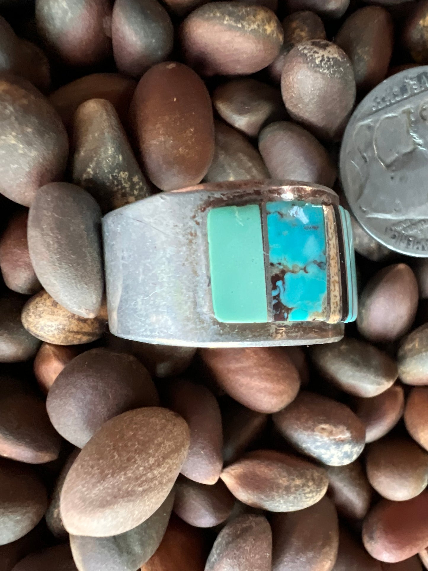Vintage Navajo Handmade Men’s Inlay Ring - Lapis, Coral, Turquoise, Onyx, Jasper & Sterling Silver Sz 10