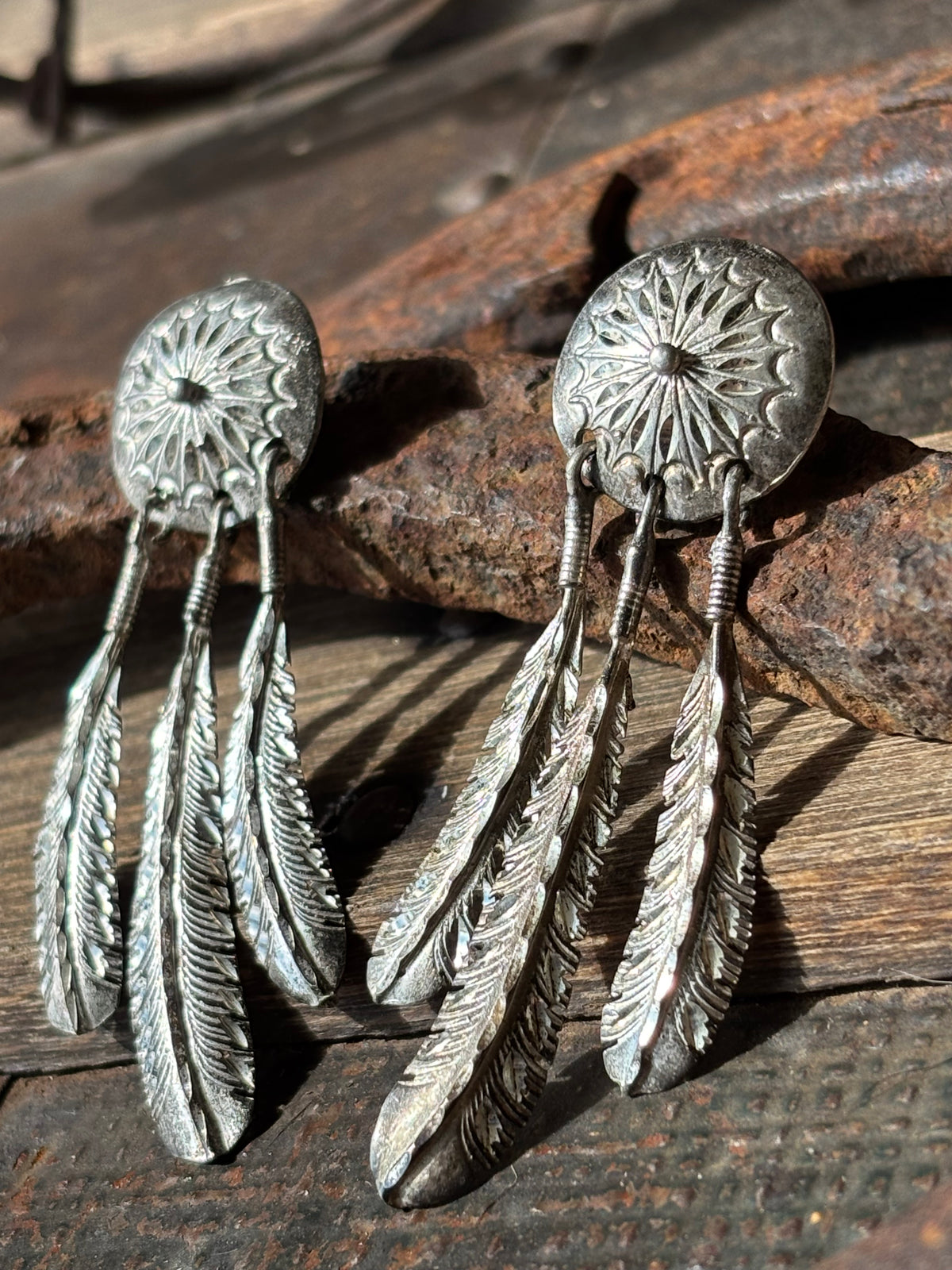 Vintage Native Handmade Concho Feather Dangle Post Earrings 2.5”