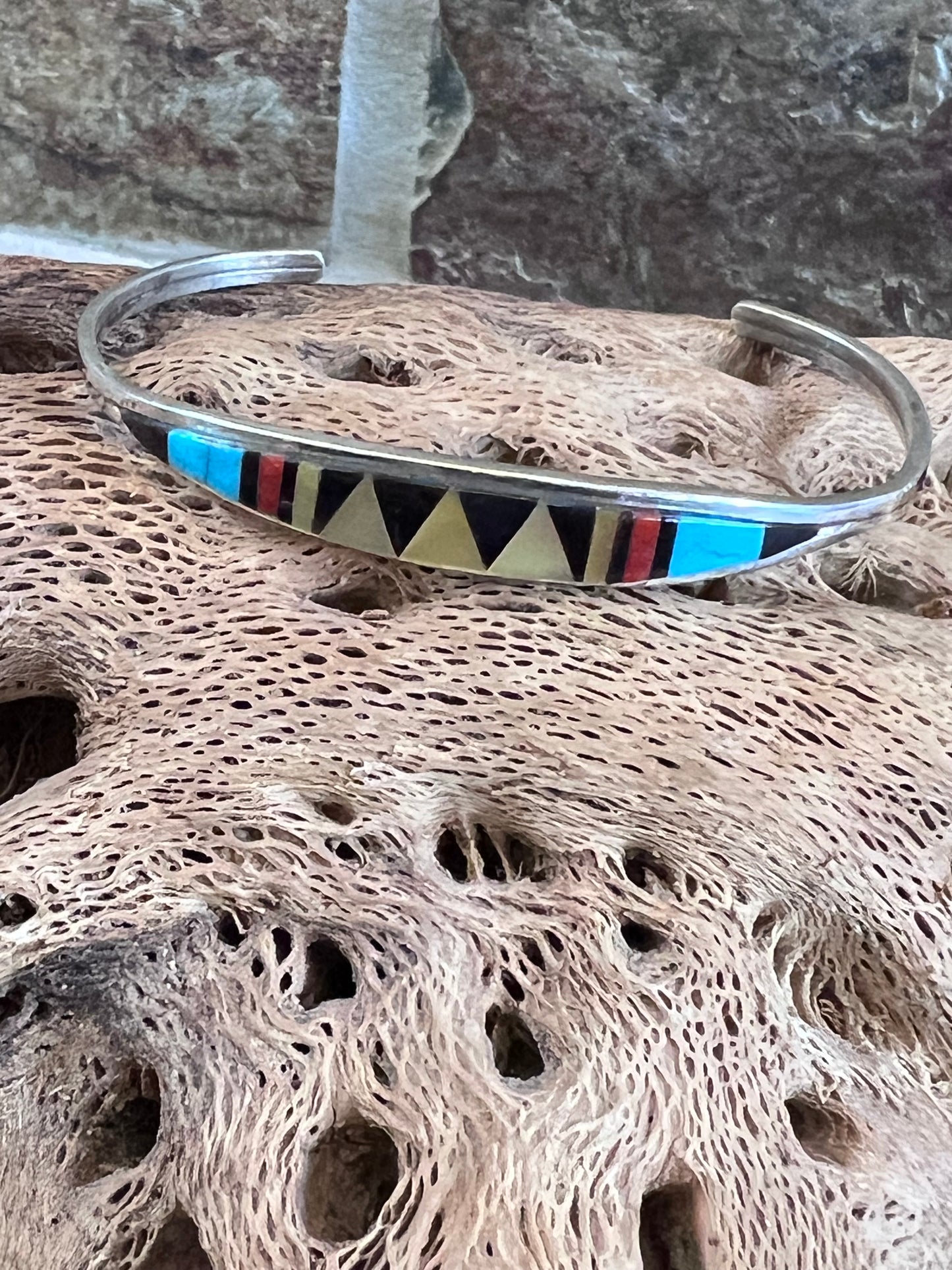 Native American Zuni Sterling, Turquoise, Jet, Red Coral & Shell Inlaid Cuff Sz 6