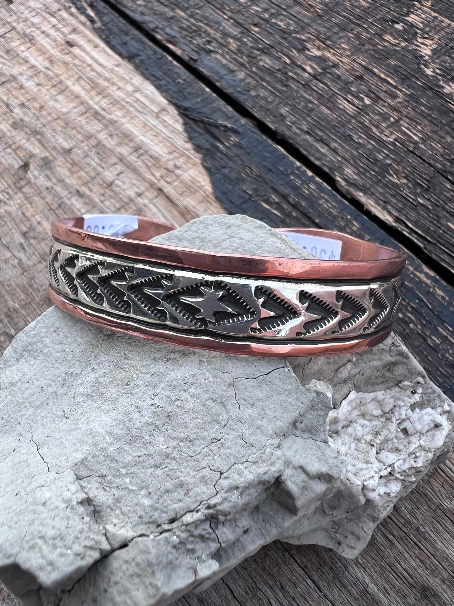 Navajo Handmade by L.C. Littl Sterling & Copper Stamped Cuff Bracelet Sz 7.25” 1/2” wide