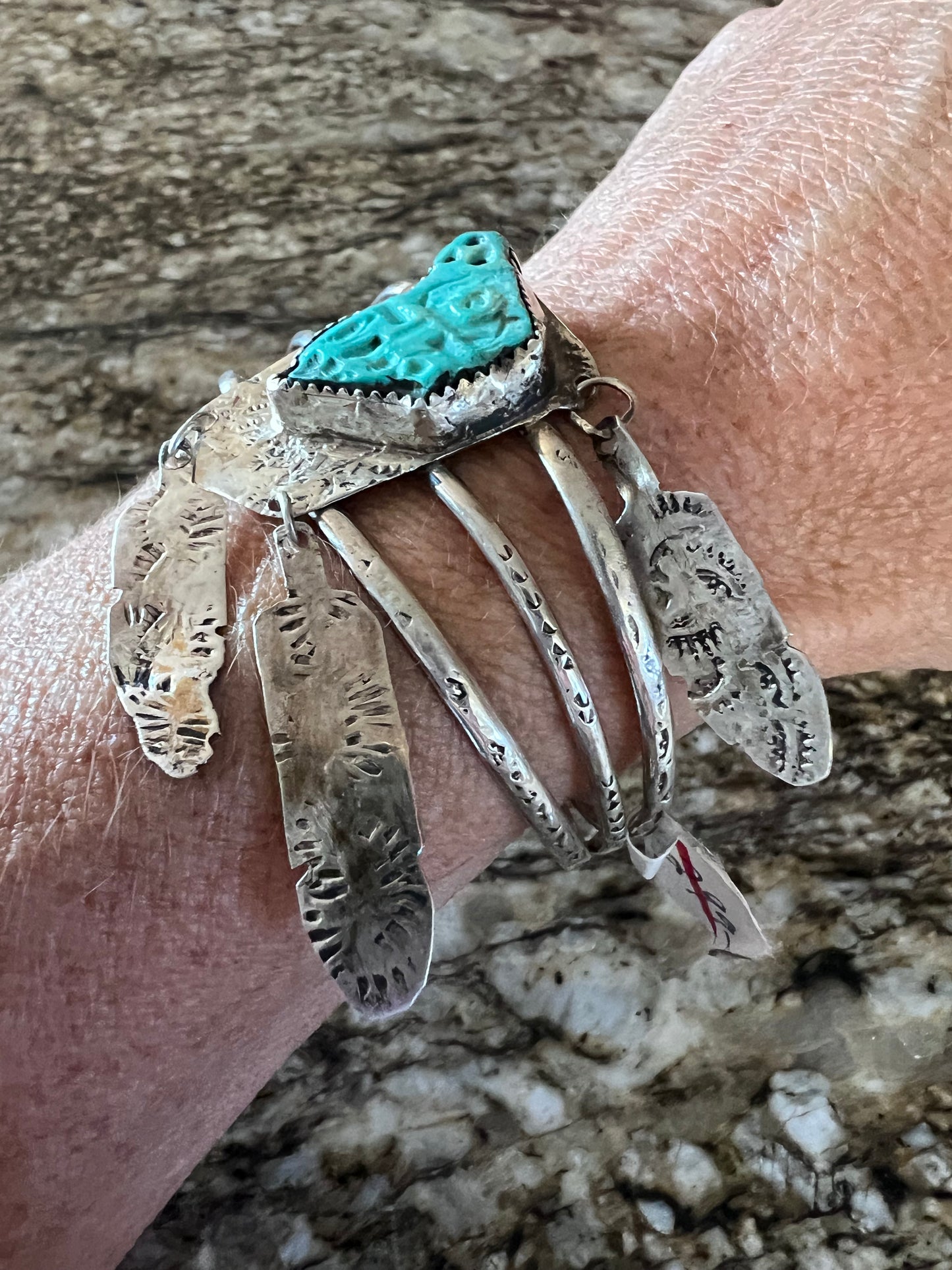 Handmade Glen Jones Sterling & Carved Turquoise w/Feathers Cuff Sz 6-6.5