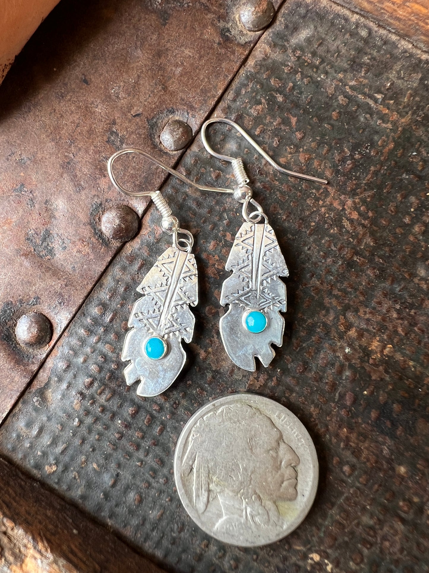 Dainty Handmade by Lucille Platero (Navajo) Turquoise & Sterling Silver Feather Earrings 1 3/4” Length