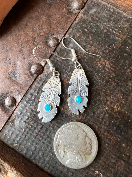 Dainty Handmade by Lucille Platero (Navajo) Turquoise & Sterling Silver Feather Earrings 1 3/4” Length