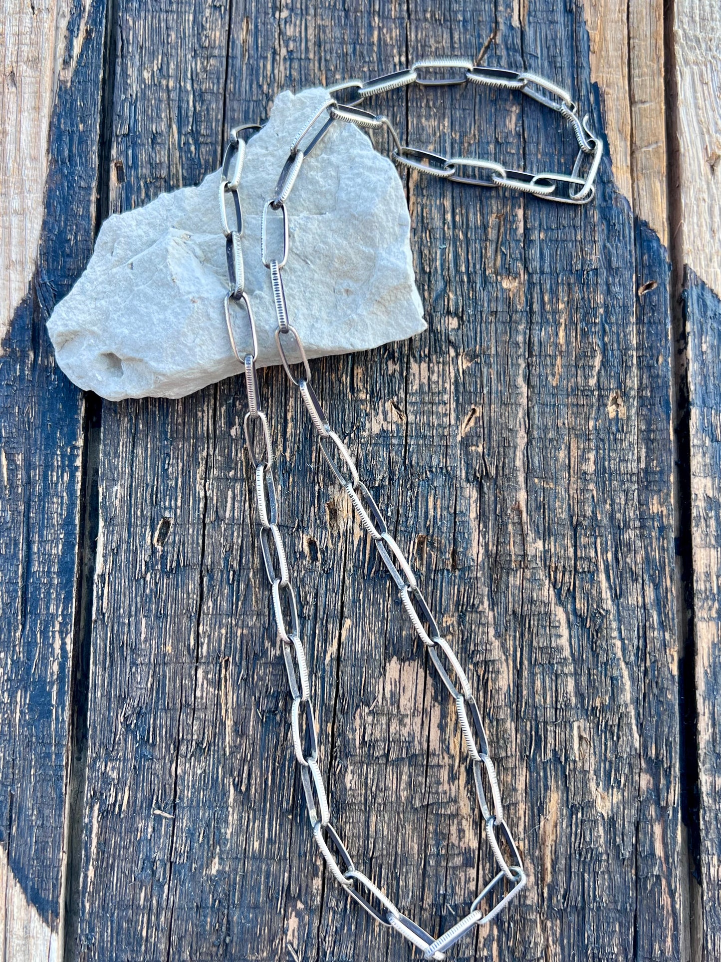 Native American Handmade Textured, Oxidized Paperclip Chain Necklace 24”