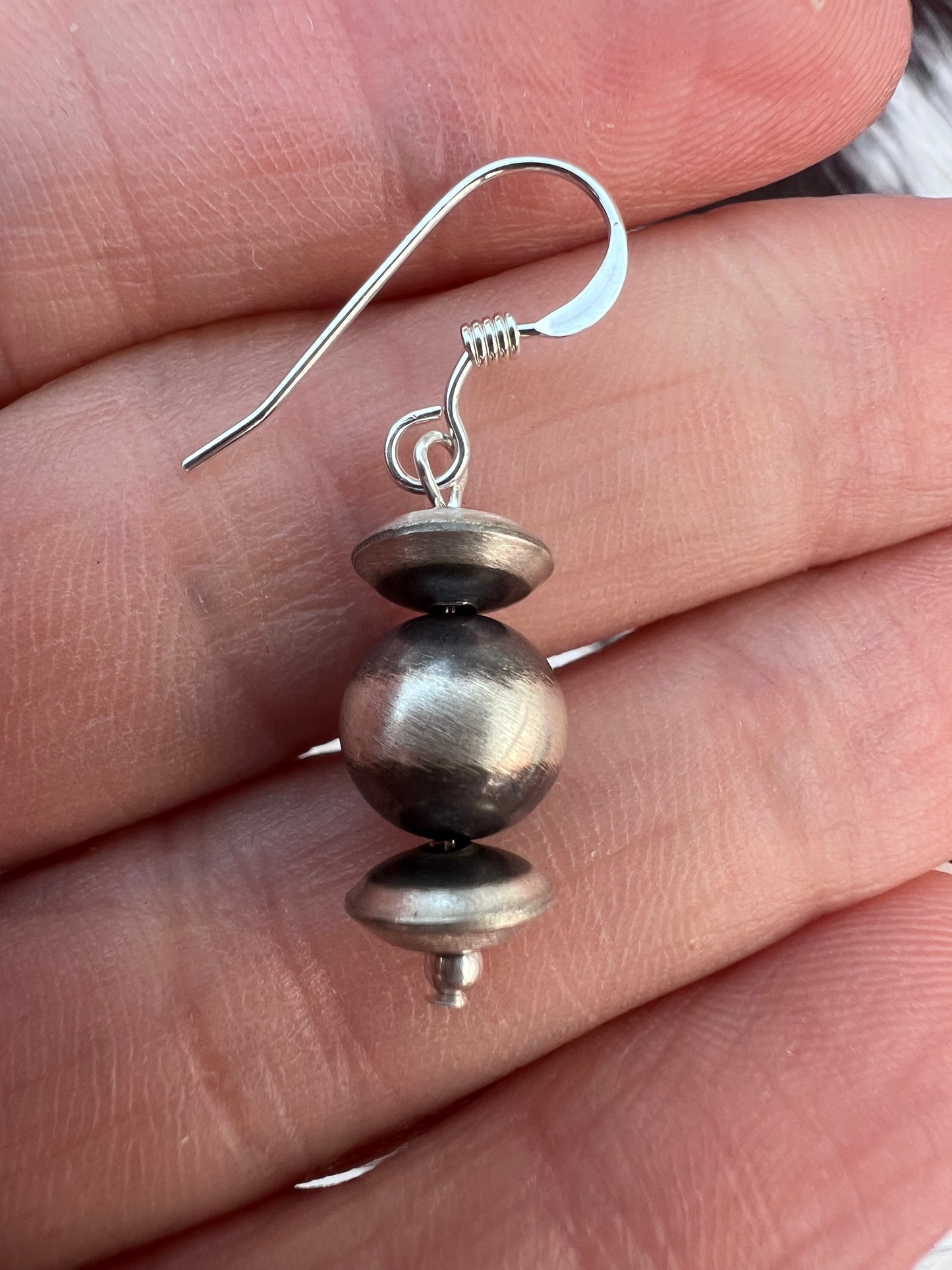 Sterling Oxidized Bead 7-8mm Dangle Earrings 1.3”