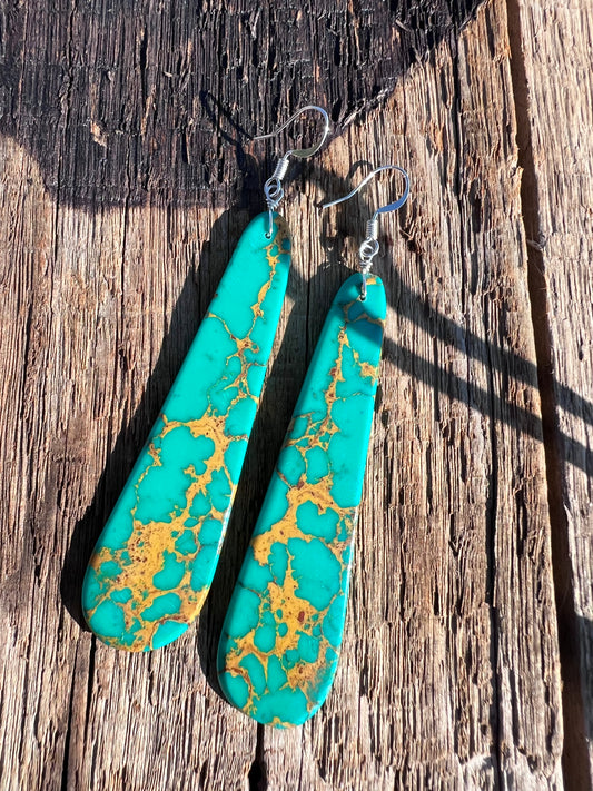 Native American Handmade Turquoise Slab Earrings 3.8”
