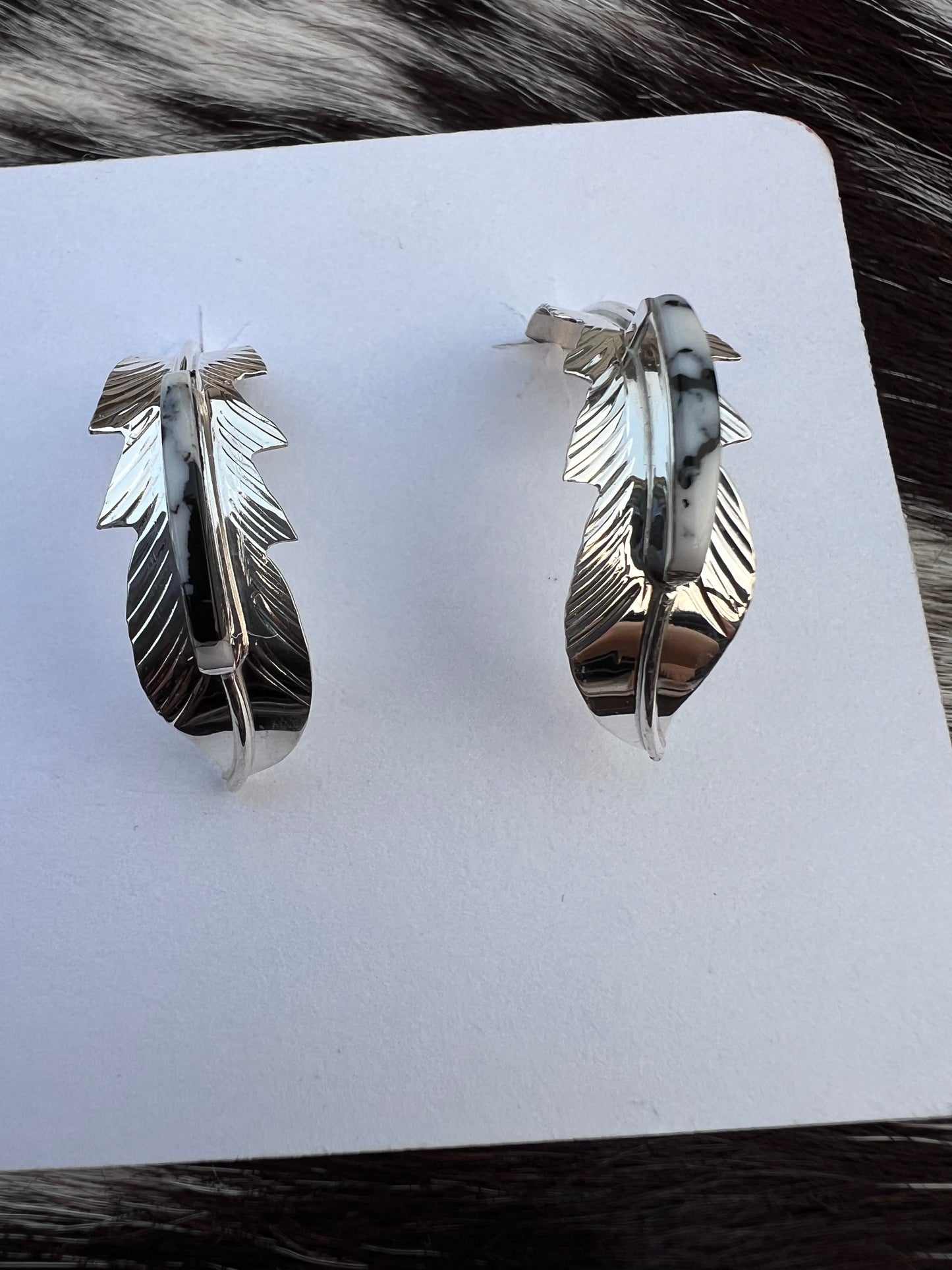 Native American Handmade by Barney. Sterling Silver & White Buffalo Half-hoop Post Earring 1”