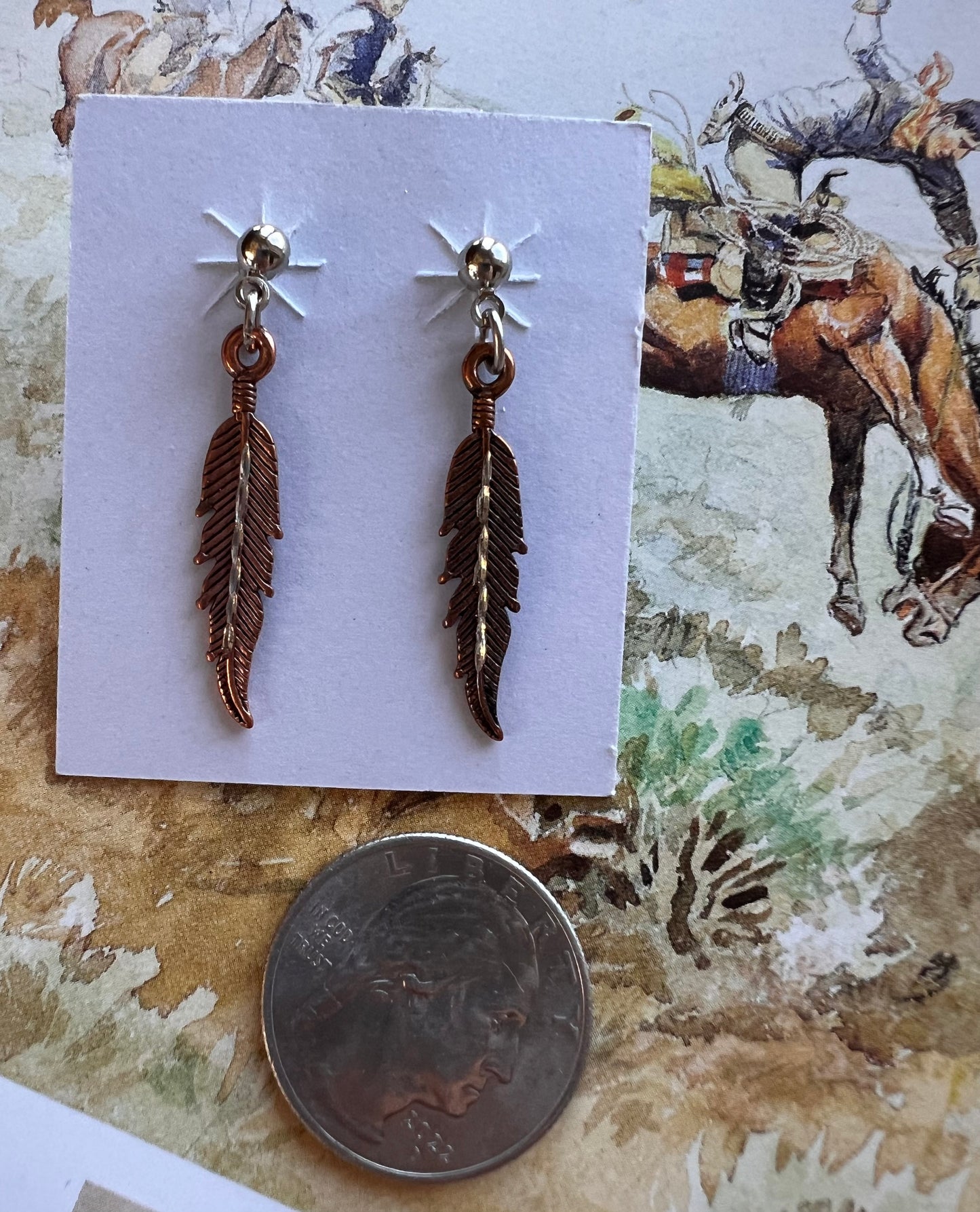Copper & Sterling Silver Feather Post Dangle Earrings 1.5”